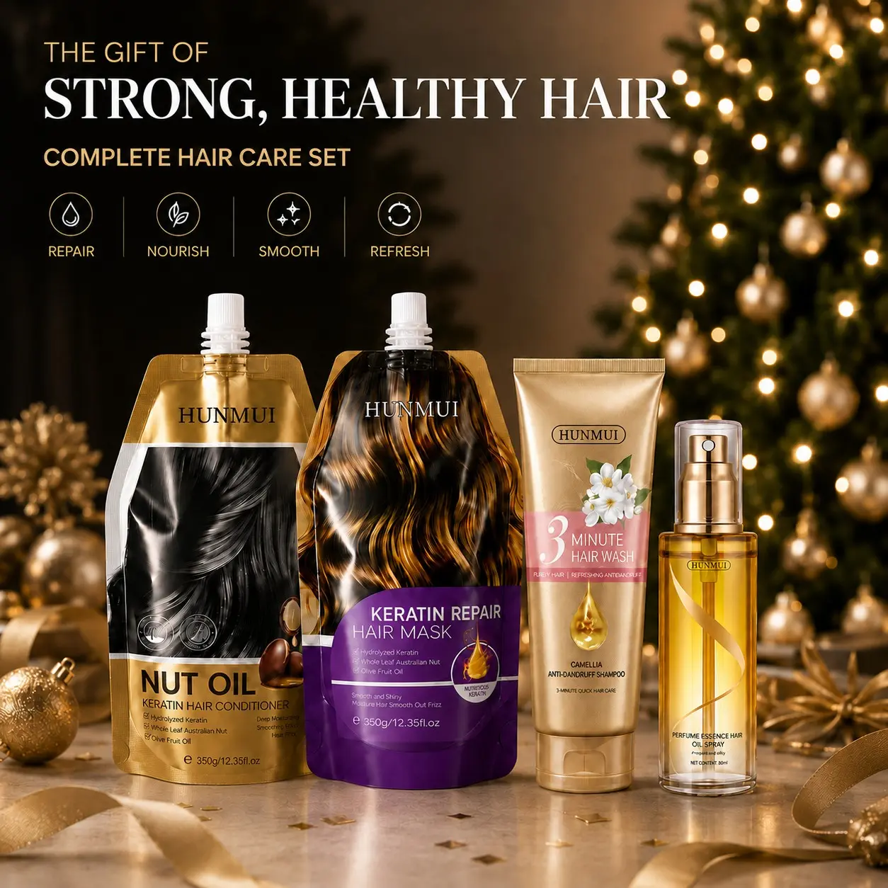 Luxury Complete Hair Care Set, Keratin Hair Kit 4-Piece, Repair Hair Mask, Conditioner, Shampoo, Hair Oil, Nourishes Damaged Hair, All Hair Types