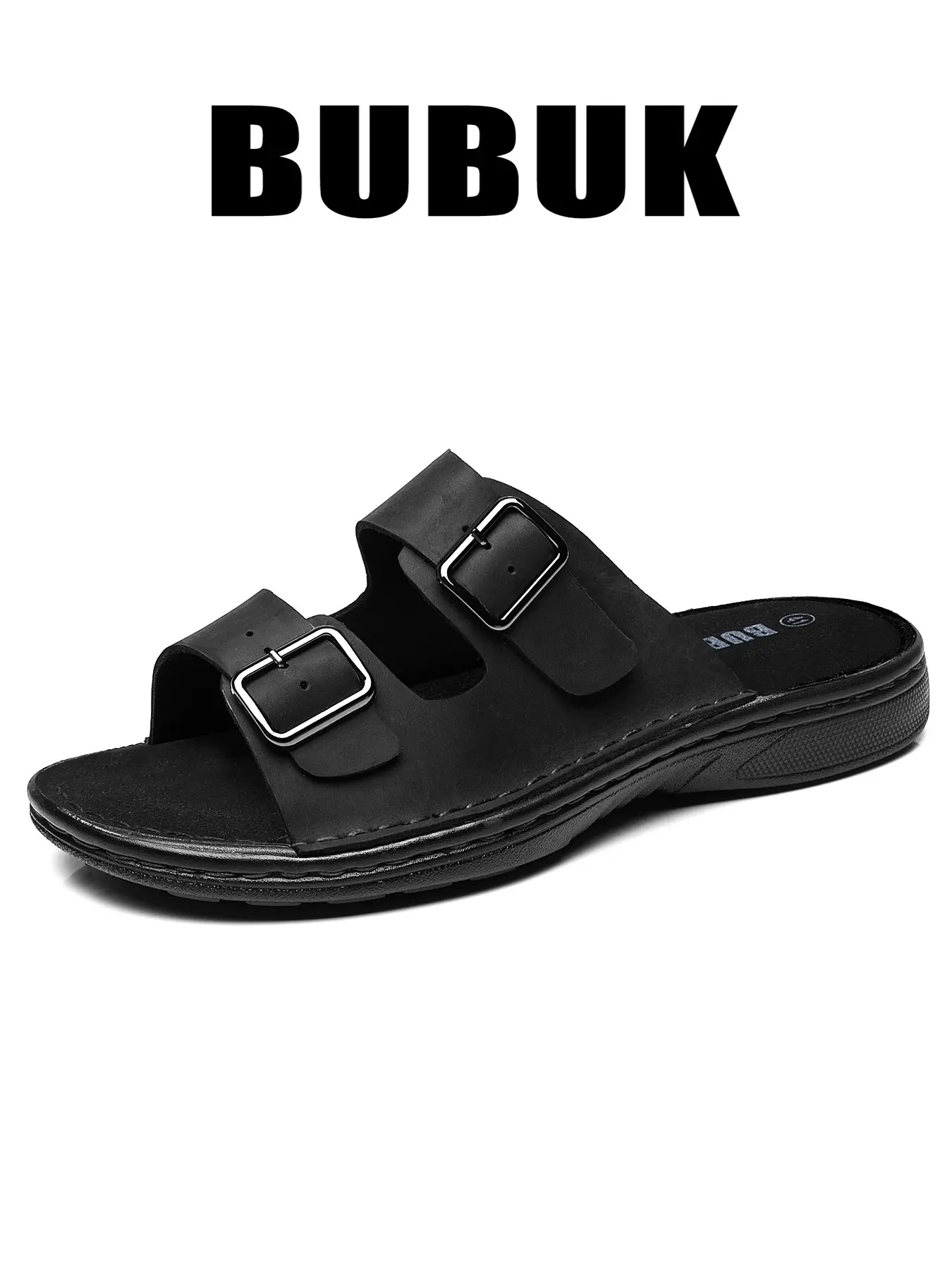 BUBUK Adjustable Metal Buckle Men's Leather Sandals, Durable Genuine Leather Slippers for Home, Outdoor, Commute, Beach, Casual Wear, Flat Sandal