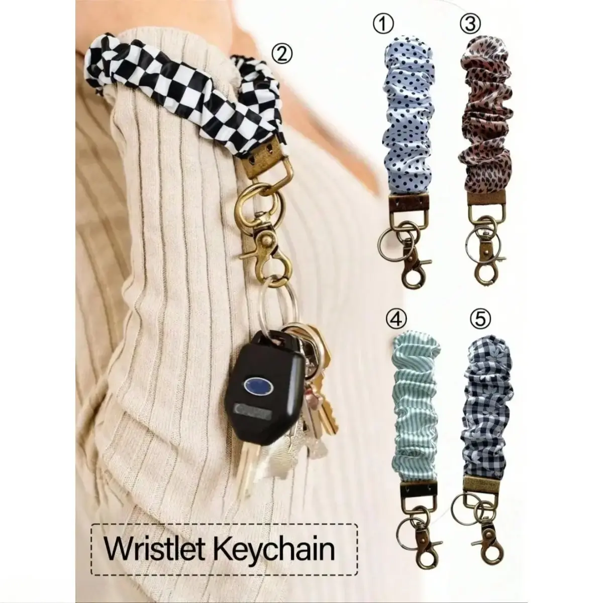 Women's Scrunchie Wristlet Keychain for Car Keys - Casual Elastic Lanyard in Checkered, Daisy or Striped Prints with Secure Clip & Bag Charm, Printed