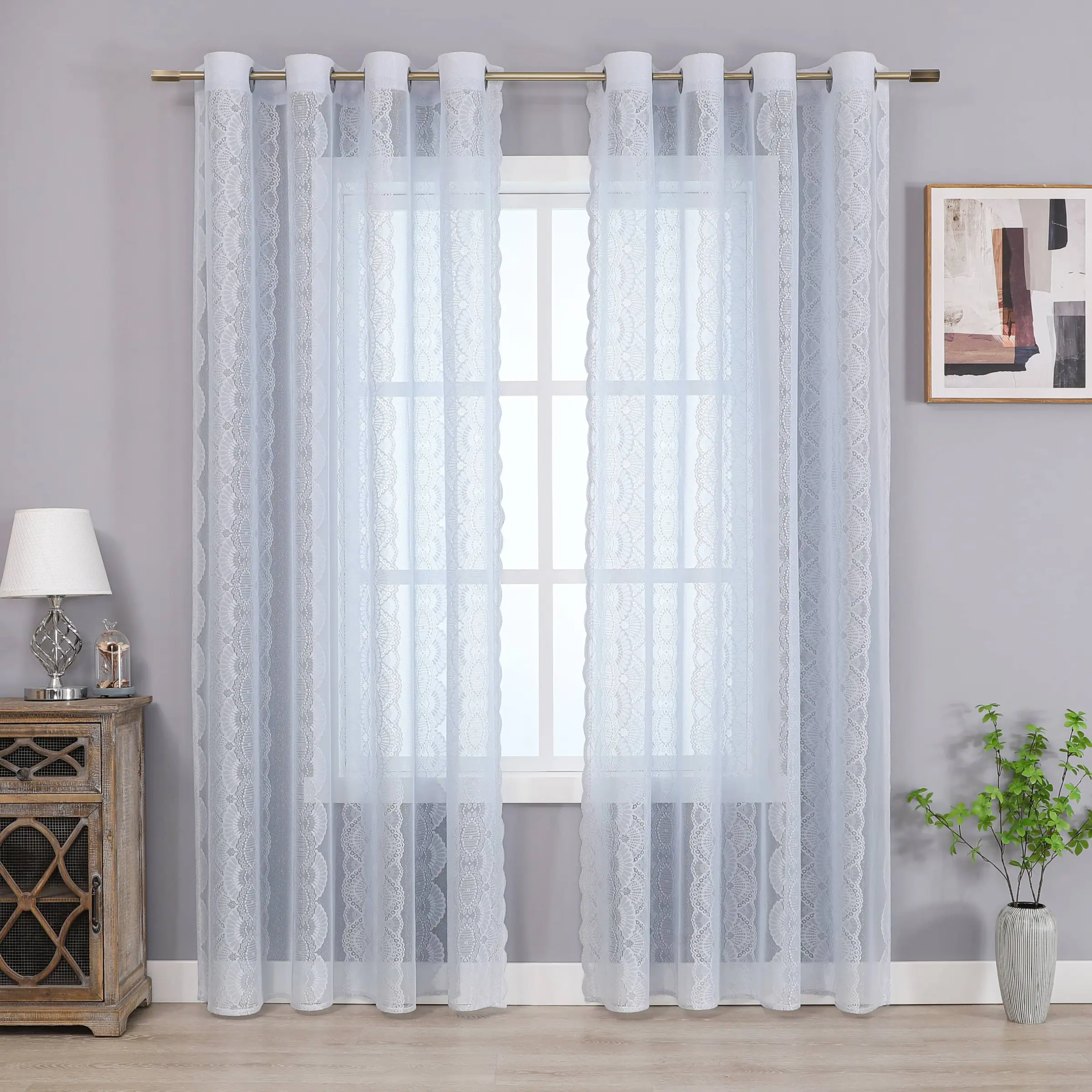 Boho Shell Lace Semi-Transparent Curtain Panels, Wave Edge Design, Light Filtering Privacy Protection, Multiple Sizes for Easy Installation