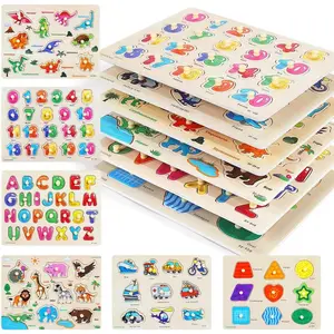 Wooden Peg Puzzle for Toddlers, 6 Pack Toddler Puzzles Set for 3 4 5 Years Old (Alphabet Number Shape Animal Dinosaur Vehicle), Preschool Education Learning Puzzle Toys for Girls and Boysfidget toys