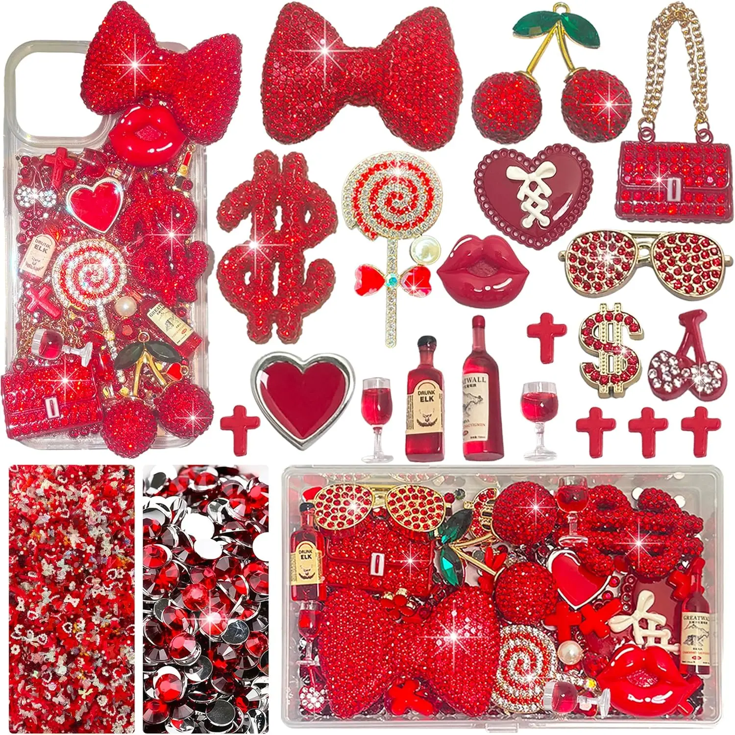Red Junk Case Charms Kit, Junks Phone Cases With Rhinestone Accessories And Full Diamond Bow Bag Lollipop Cherry Dollar Sign Resin Kits With DIY Phones Decorations