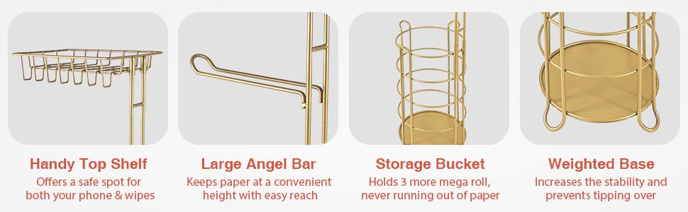 Gold Metal-Frame Free Standing Toilet Paper Holder with Phone Shelf & Tissues + Wipes Storage Tray, Floor Bathroom Holder for Large Mega Rolls, Large Rolls