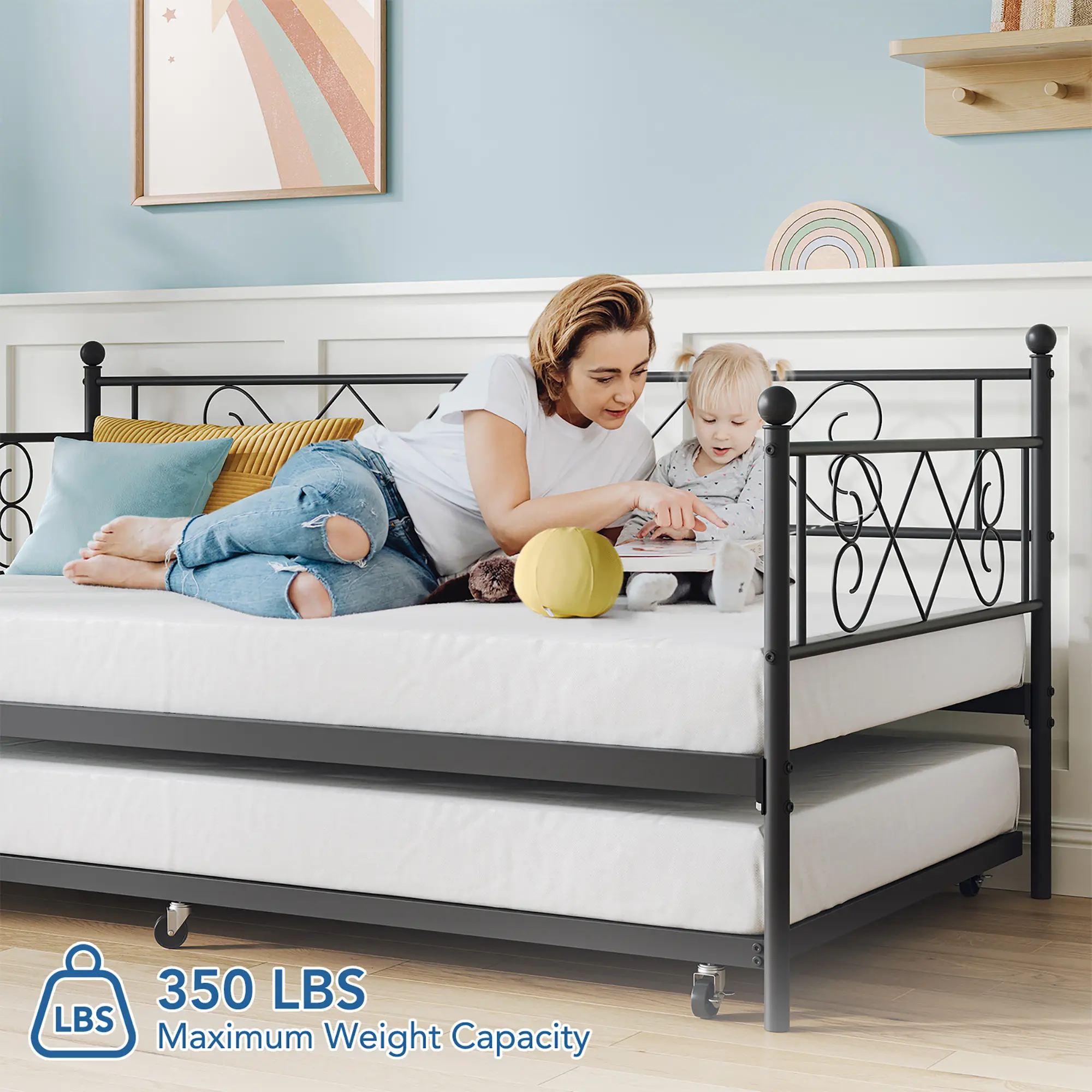 Space-Saving Purple Metal Daybed with Pop-Up Trundle - Heart-Shaped Headboard - Sturdy Steel Slat Support - Sofa Bed for Bedroom, Living Room, Guest Room - Easy Assembly