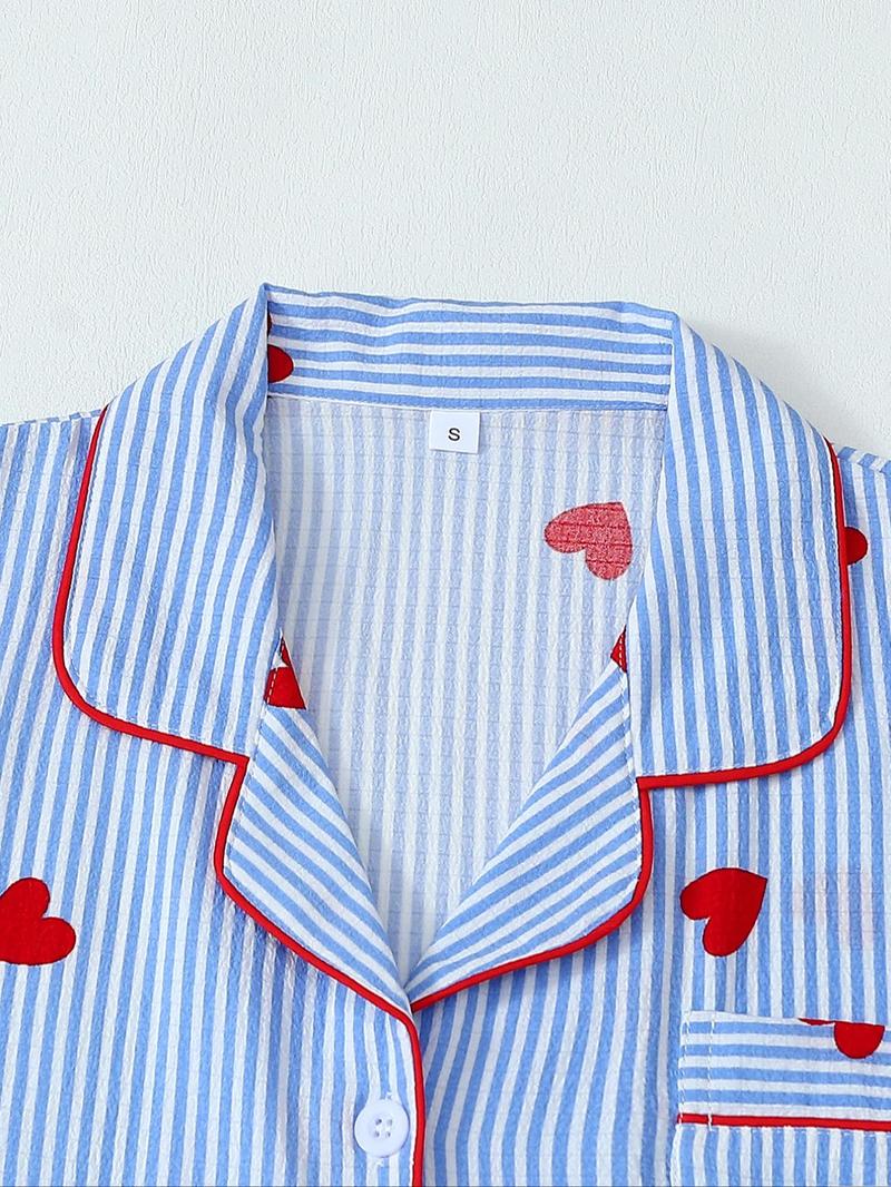Valentine's Day Spring Summer Romantic Blue Striped Heart Elegant Short Sleeve Shorts Pajama Set for Women, Cute Fitted Homewear