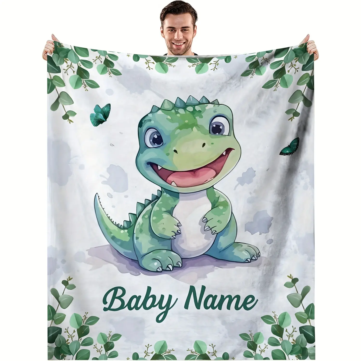 [Small Dinosaur Blanket] Custom Name Small Dinosaur Blanket, Personalized Soft Fleece Throw Blanket