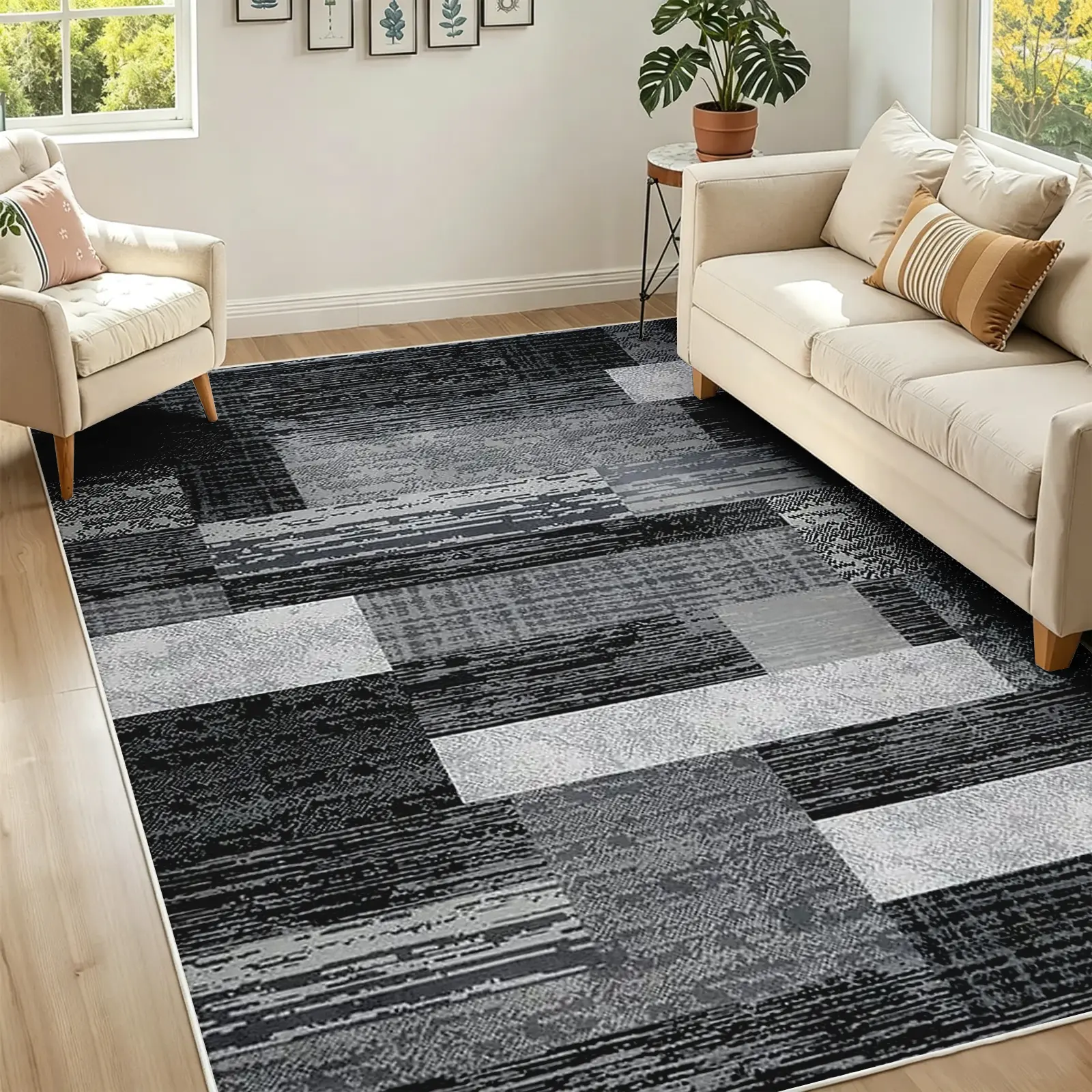 Large Area Rugs,Modern Geometric Patchwork Floor Decor for Bedroom Aesthetic Carpet, Rockwood Collection, Indoor Rugs for Living Room, Dining Room, Nursery, Office, Machine Washable Rug