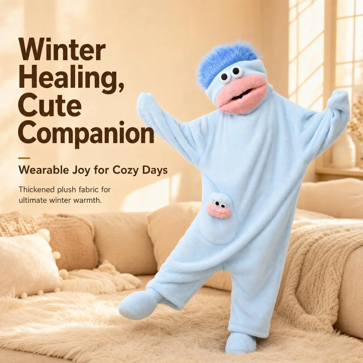 Funny Ugly Cartoon Monster Onesie Pajama Set with Attached Plush Foot Slippers & Giant Novelty Comb Prop Thick Fluffy Coral Fleece Adult Cosplay Loungewear for Halloween Sleepover & Short Video Shooting