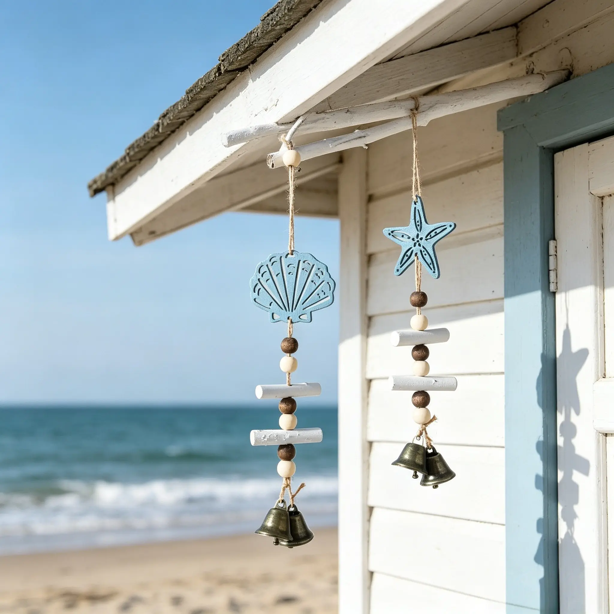2pcs/Set Mediterranean Ocean Style Wooden Wind Chime, Shell And Starfish Bell Hanging Ornament, Blue Ocean Themed Wind Chime, Ocean And Beach Themed Decoration for Home Bedroom, Seaside Cottage Gift