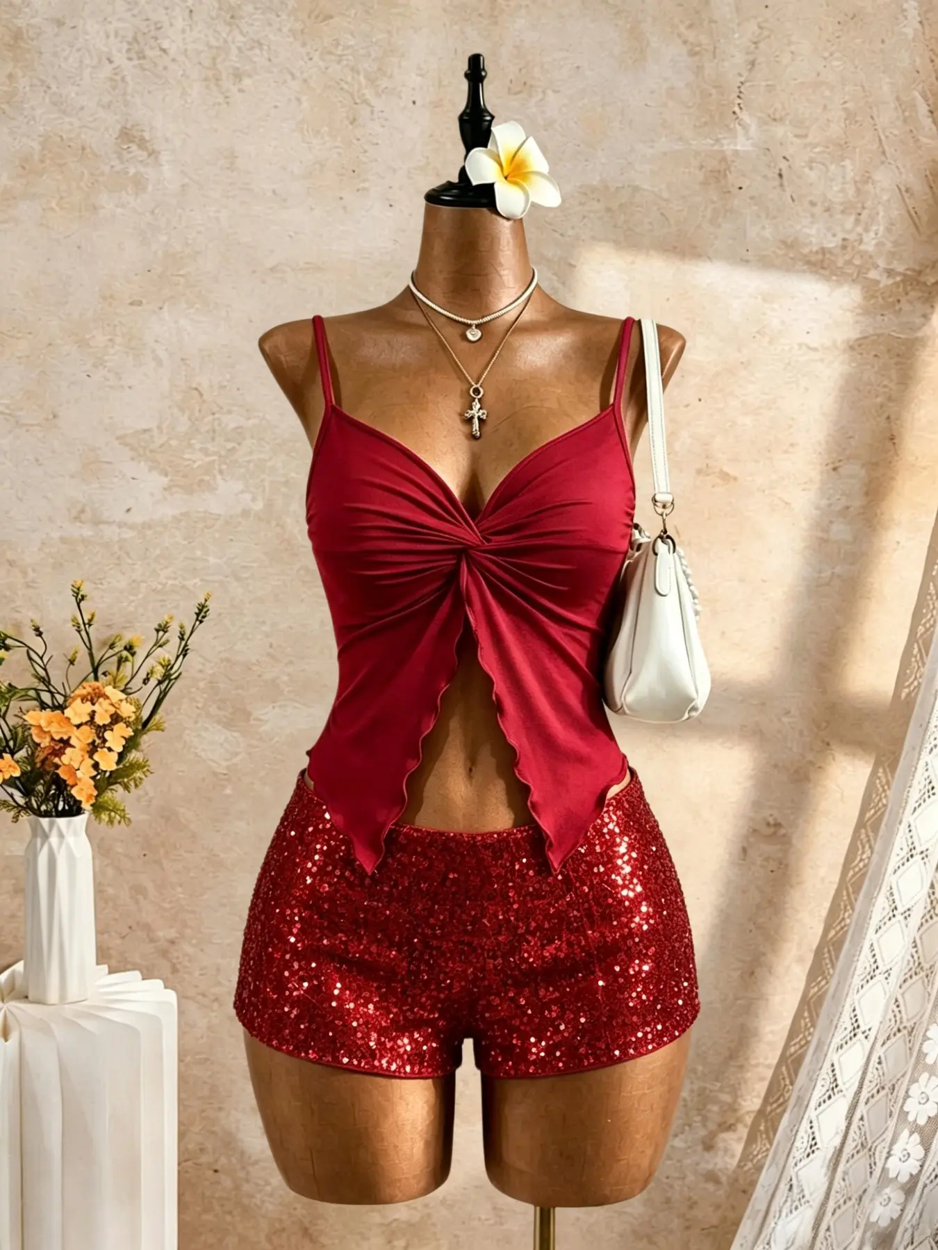 Vintage Ruched Tie Front Sleeveless Tank Top, Sparkly Sequin Shorts Set, Two-Piece Casual Nightclub Party Outfit, Stylish Evening Wear Ensemble