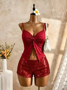 Vintage Ruched Tie Front Tank Top, Sparkly Sequin Shorts Set, Two-Piece Nightclub Party Outfit, Stylish Evening Wear Ensemble