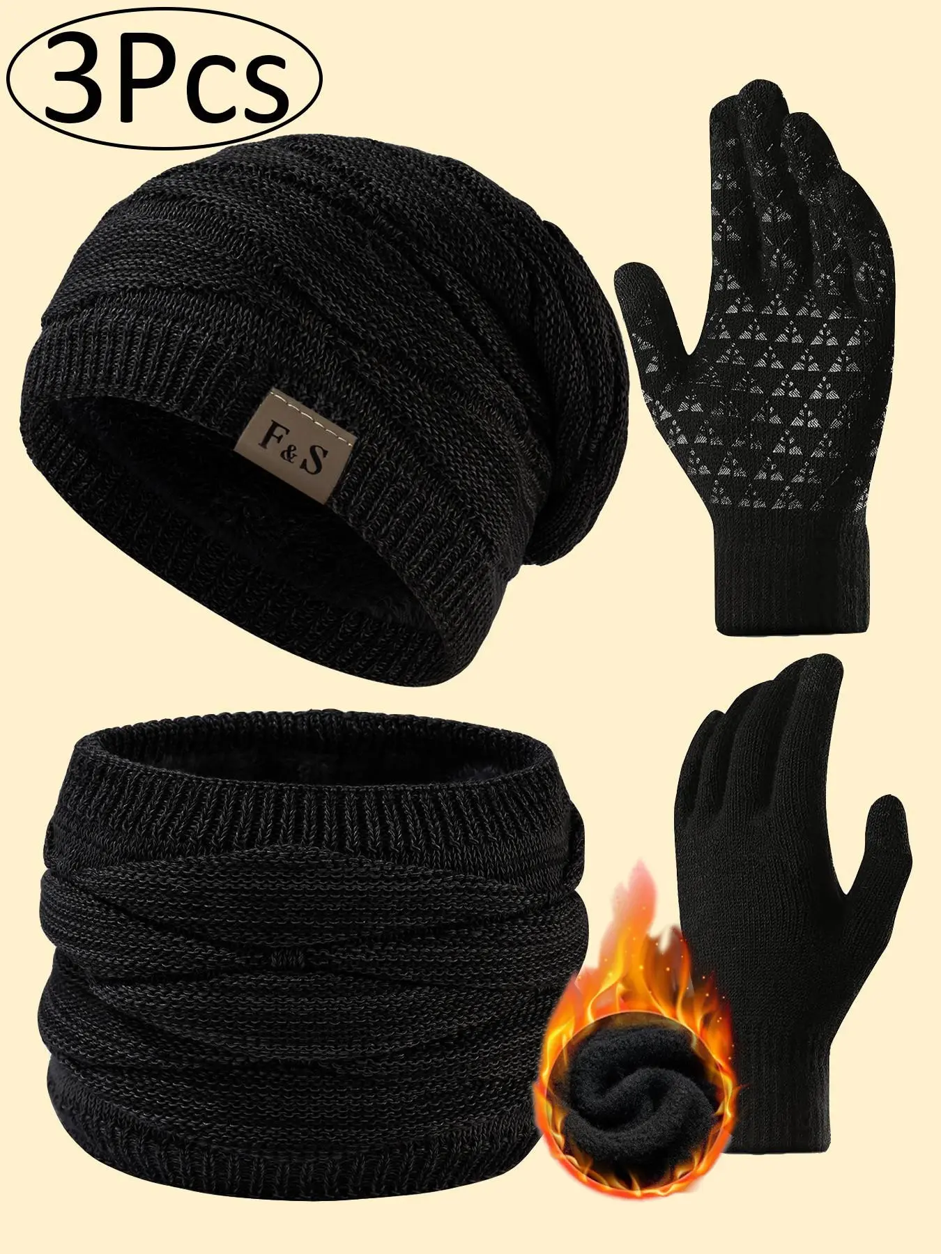 3pcs Fashion Winter Fleece Knit Hat+Neck Gaiter+Knitted Gloves Set, Windproof Warm Pullover Neck Warmer, Men's Knitted Hat and Scarf Combo, Stylish Cold Weather Gear