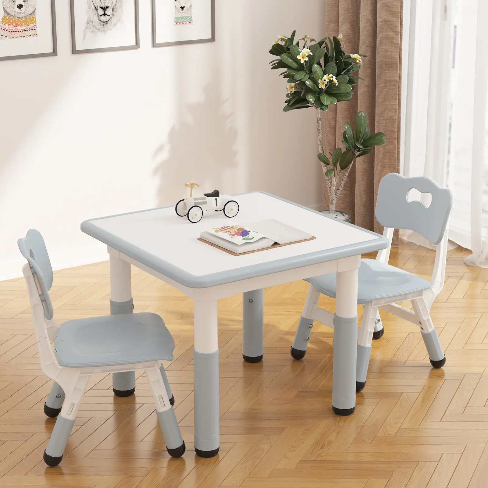 Modern Kids Table and 2-Chair Indoor Furniture Set - Adjustable Height, Writable Whiteboard Top, Graffiti-Resistant, Non-Slip Legs, Easy-Clean, Ergonomic for Home Nursery
