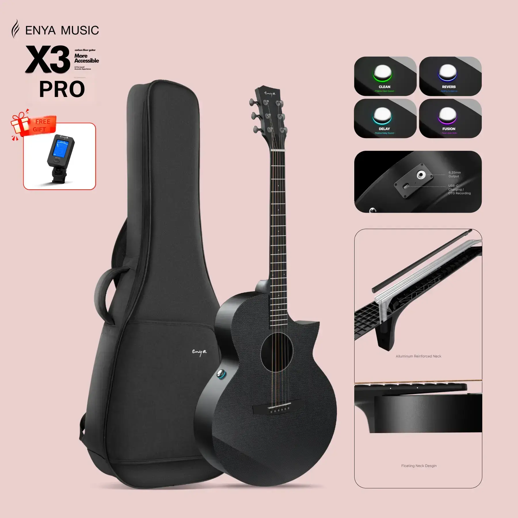 【Music, Evolved.】Enya X3 PRO MINI/X3 PRO Acoustic Electric Guitar Carbon Fiber Travel Guitar 36" 3/4 Size with Built in Effects & Wireless Speaker, Includes Gig Bag & Cables Ideal for Professional & Stage Performance