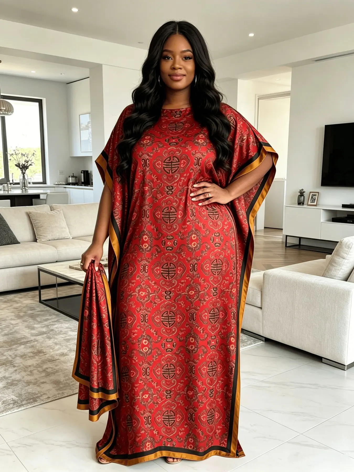 Plus Size Women's Red Ethnic Geometric Print Maxi Boho Casual Kaftan Dress with Matching Headscarf 2 Piece Set, Lightweight Breathable Loose Batwing Casual Long Dress, Beach Resort Loungewear Cover Up for Curvy Ladies