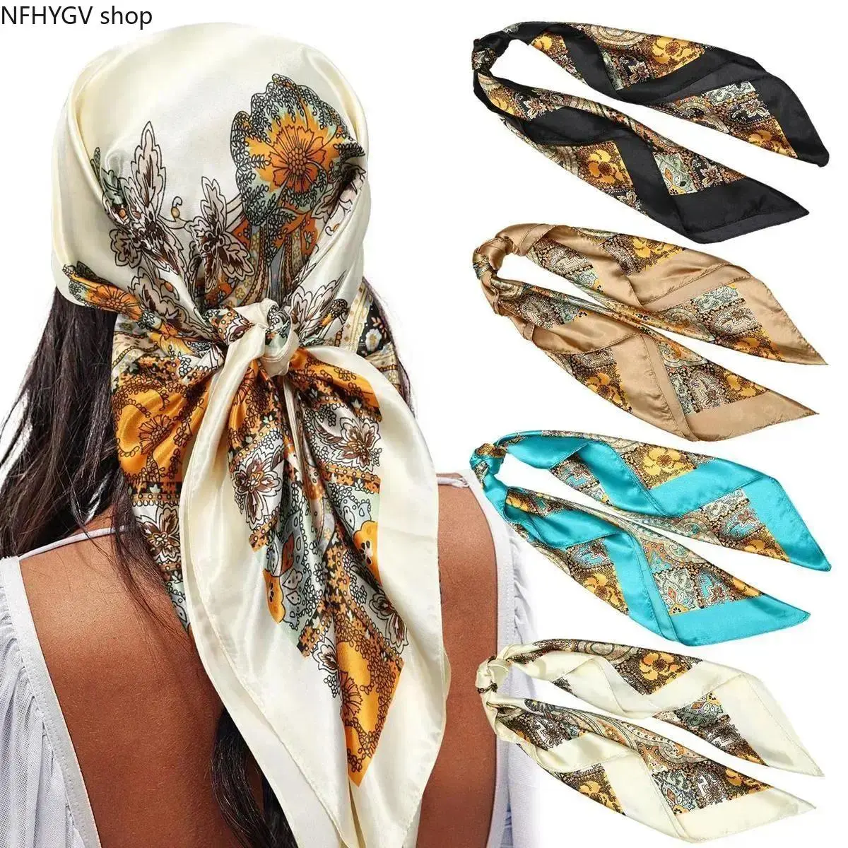 Women's 4-Pack 35-Inch Printed Silk-Like Satin Square Scarves, Multi-Wear Bandana Head & Neck Wrap, Decorative Accessory For Ladies Party Ceremony Daily Wear Holiday Gift Outfit Styling Use