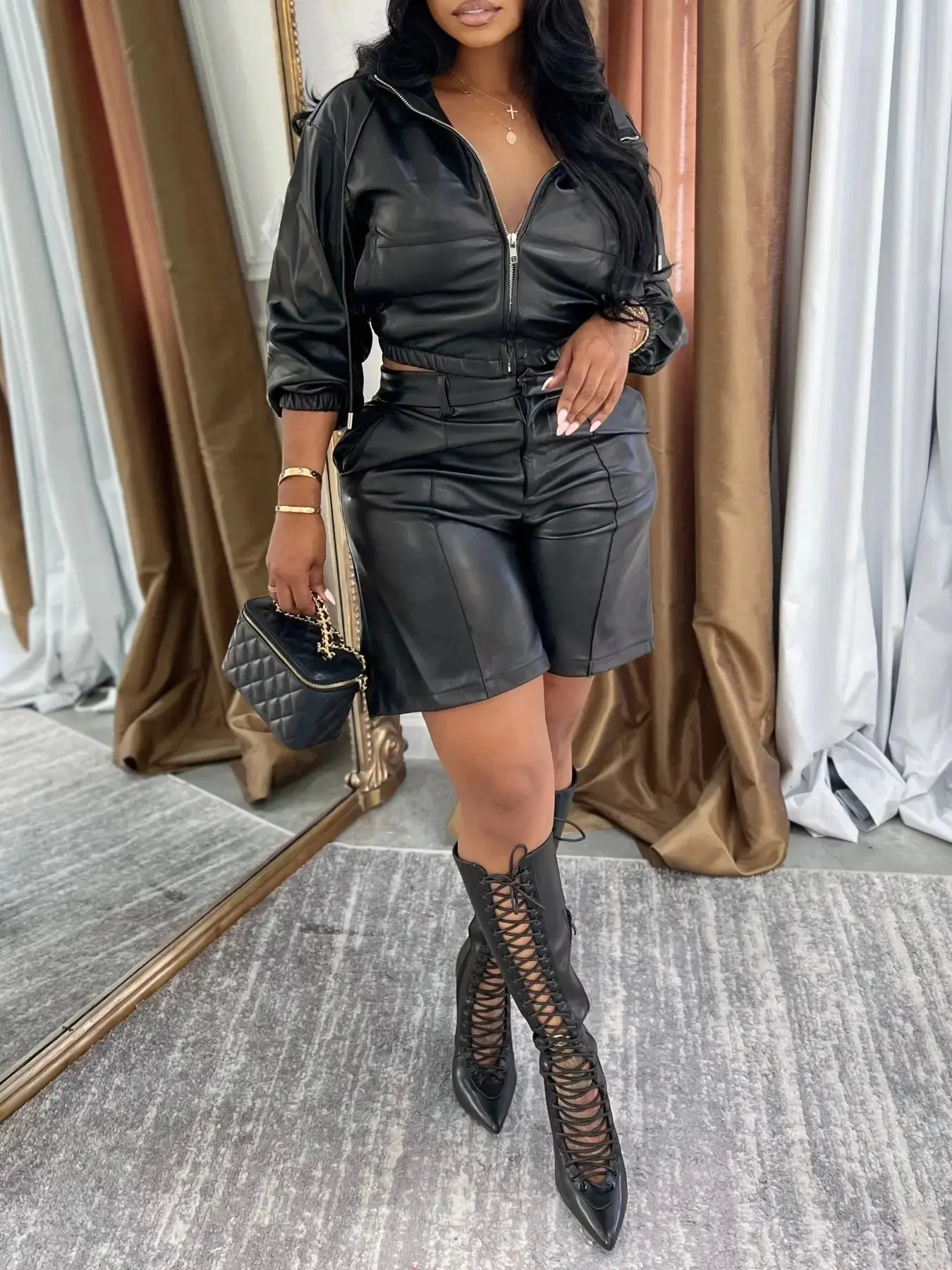 2026 Women's Patchwork Leather Jacket Fitted Pants Two-Piece Set Long Sleeve Coat Short Pants Fall Winter Casual Streetwear Outfits