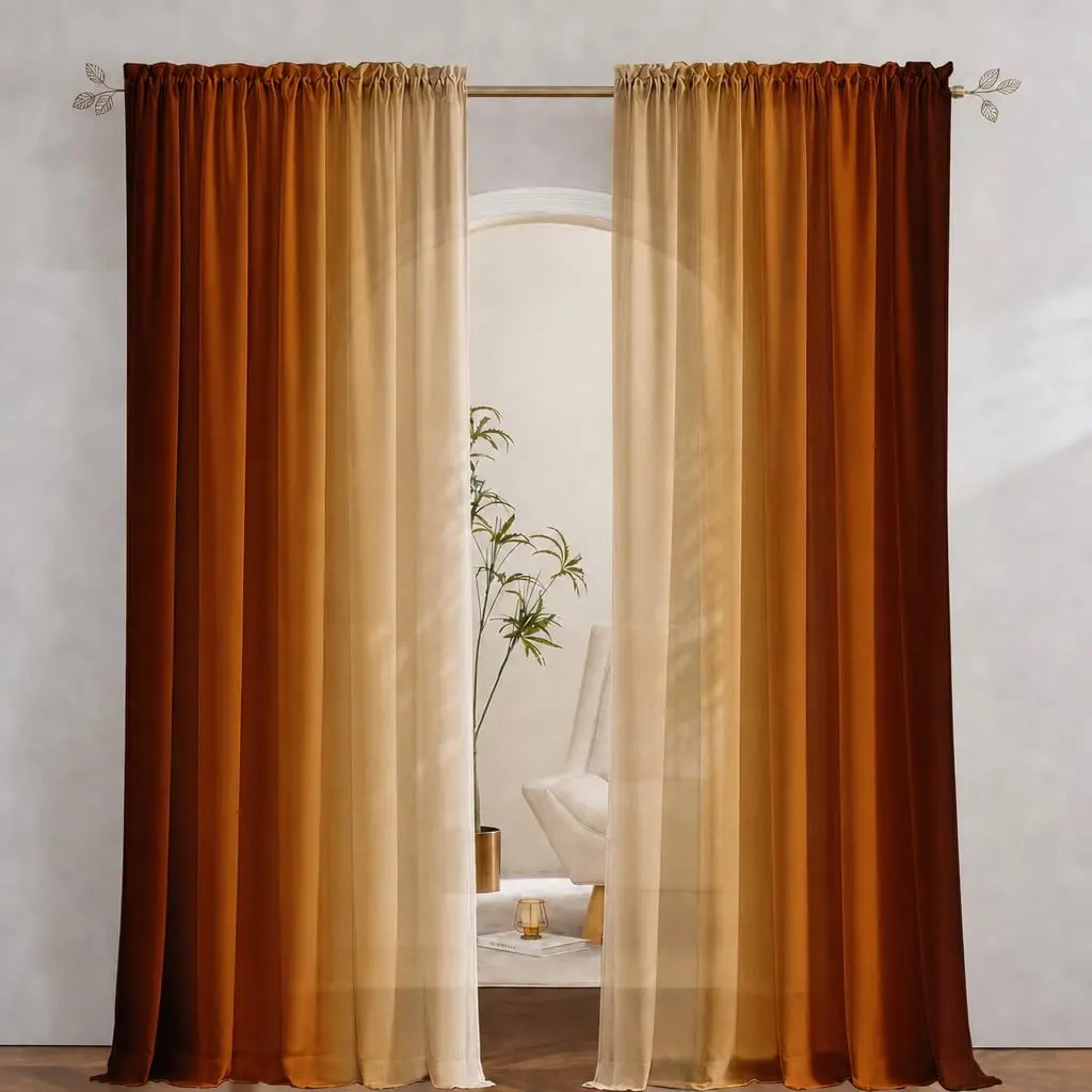 Orange Curtains for Living Room 84 inch Length 2 Panels Set, Burnt Orange Light Filtering Curtains for Bedroom,Vintage Ombre Dark Orange Terracotta Window Drapes