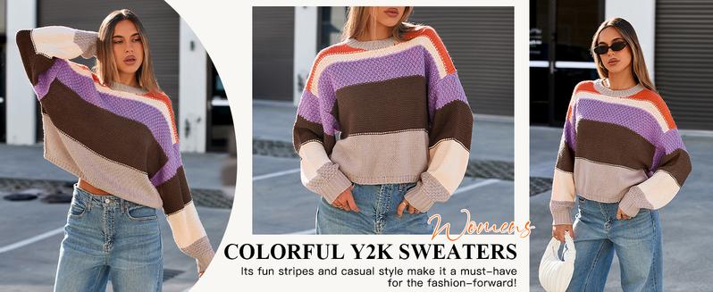 FMEYOA Womens Color Block Cropped Sweaters 2025 Winter Trendy Casual Oversized Y2k Going Out Striped Pullover Tops