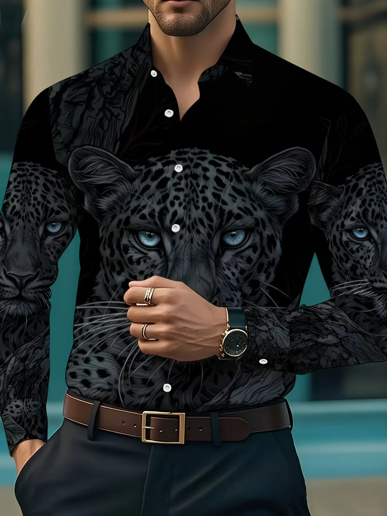 Men's Leopard Print Long Sleeve Shirt, Casual Button Up, Fashion Casual Slim-Fit Top, Business Leisure Wear, Spring & Fall Graphic Shirt