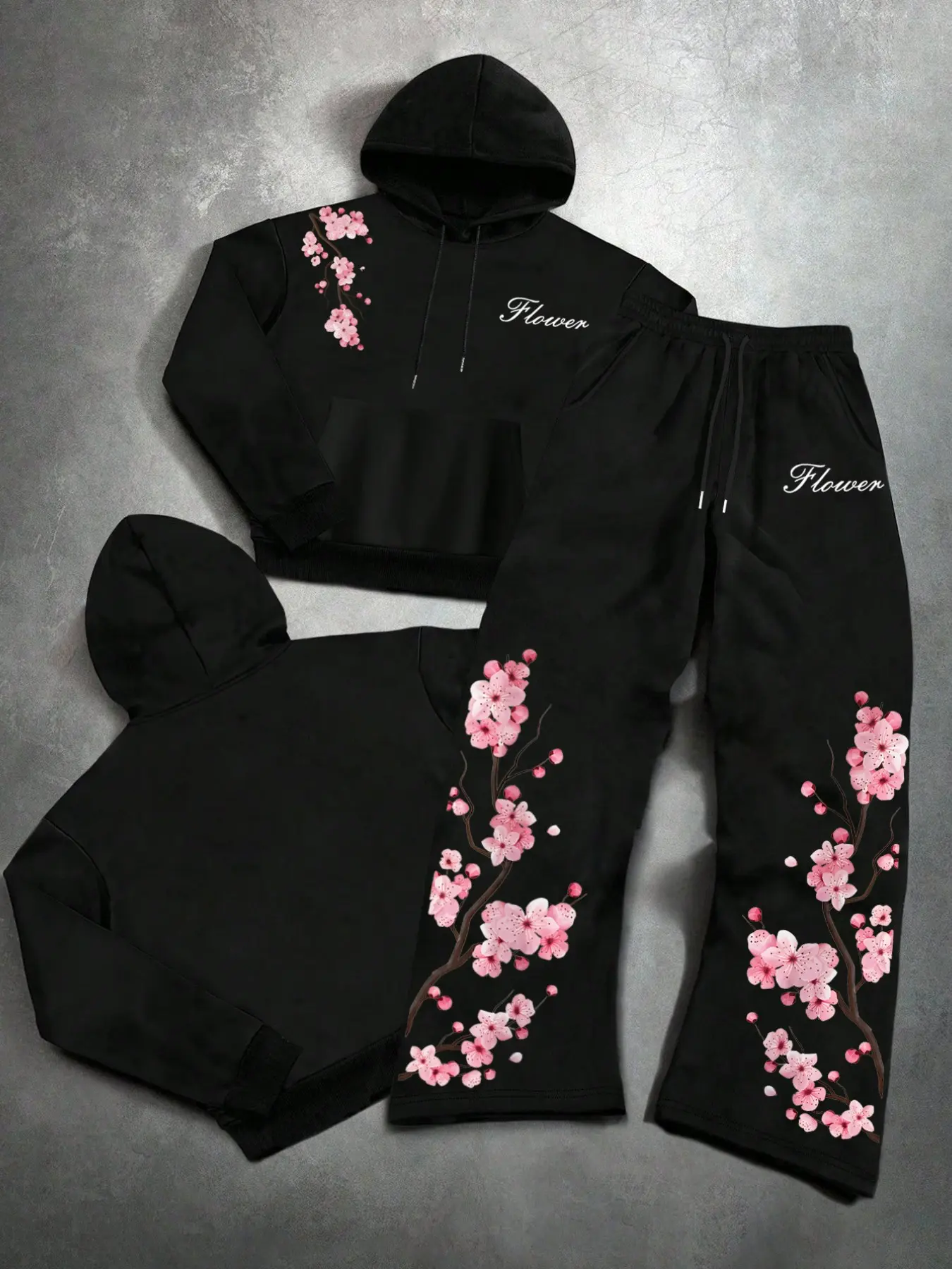 Men's 2-Piece Fashion Casual Set with Cherry Blossom Hoodie and Drawstring Wide Leg Pants, Loose Fitting for Spring & Fall Sports Wear