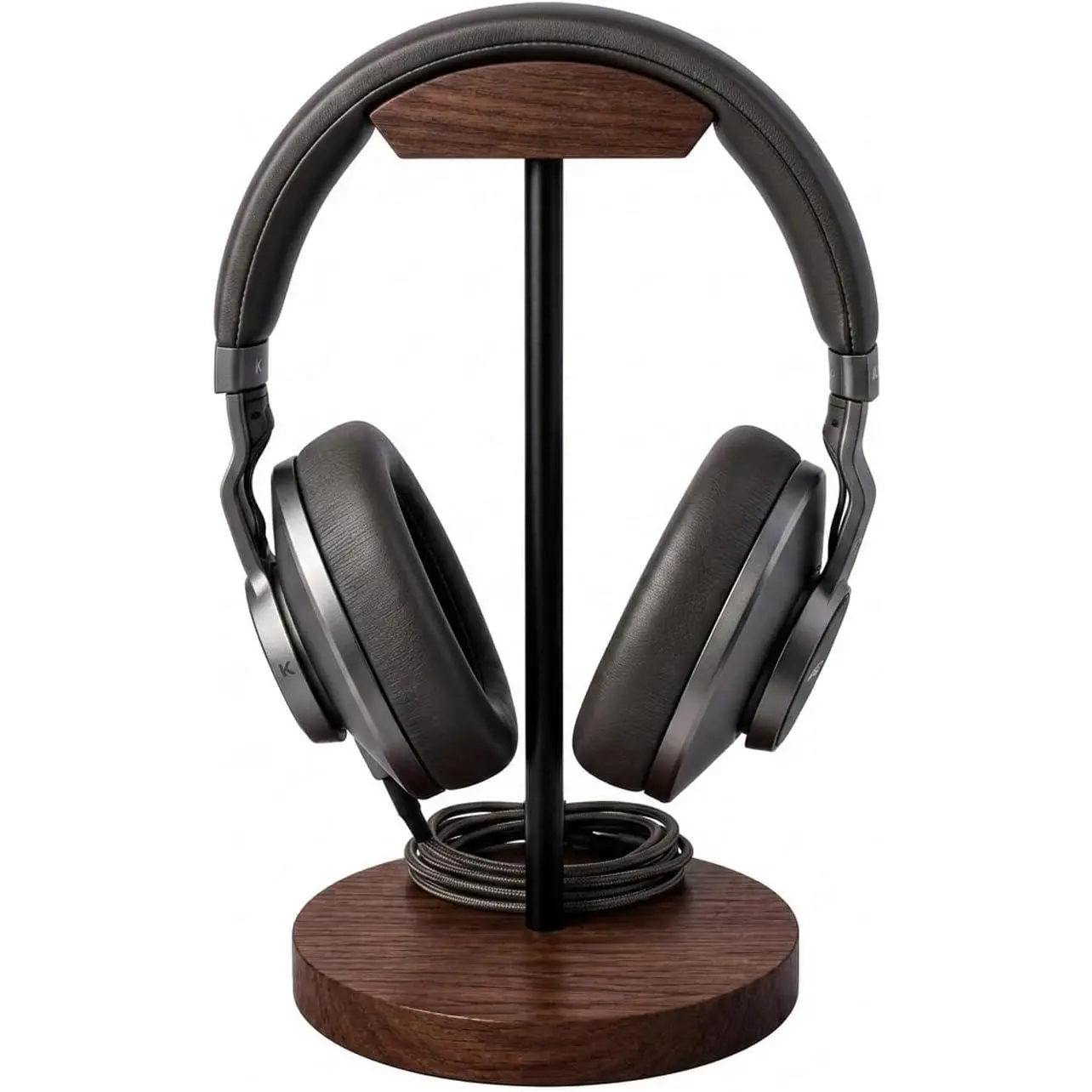 Wood and Metal Desk Headphone Holder Stand - Solid Wooden Base Headset Hanger Mount Hook for Gaming, Artful Functional Craftsmanship Accessory Compatible with All Headsets