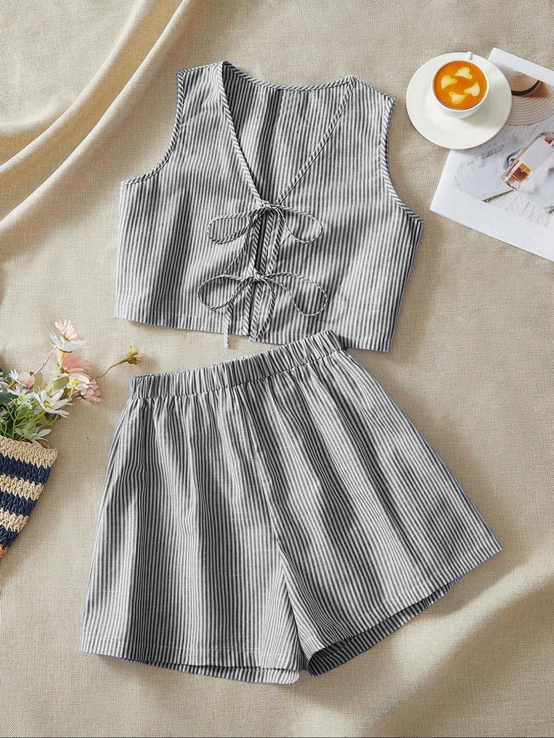 2-piece plaid striped vest and high-waisted loose shorts women's casual suit