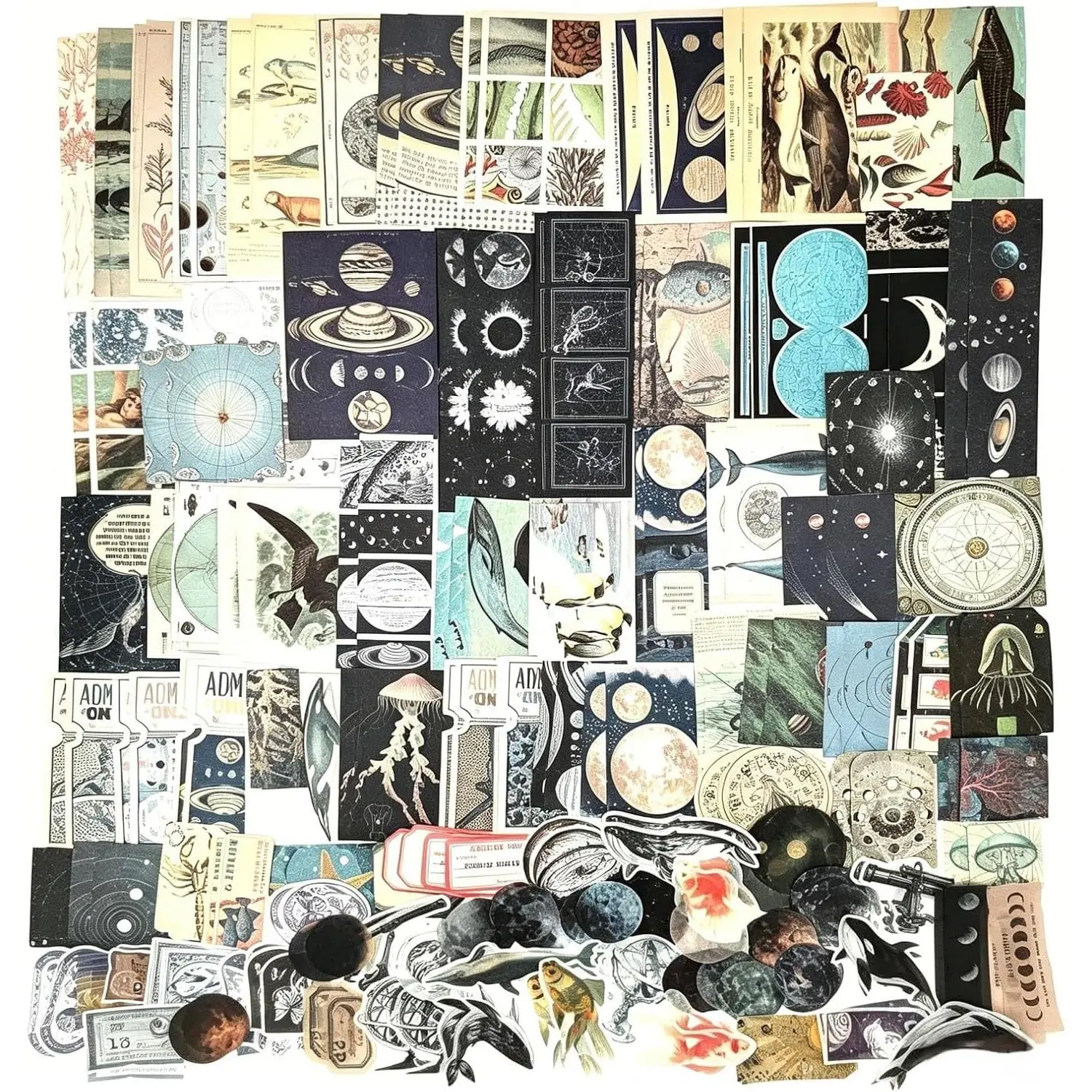 200-Count Modern Multi-Use Ephemera Scrapbooking Supplies Pack, Crafting Kit with Decoupage Paper & Stickers for Journaling, Junk Journal Planners, Collage Notebooks & Albums (Space and Sea), Unisex