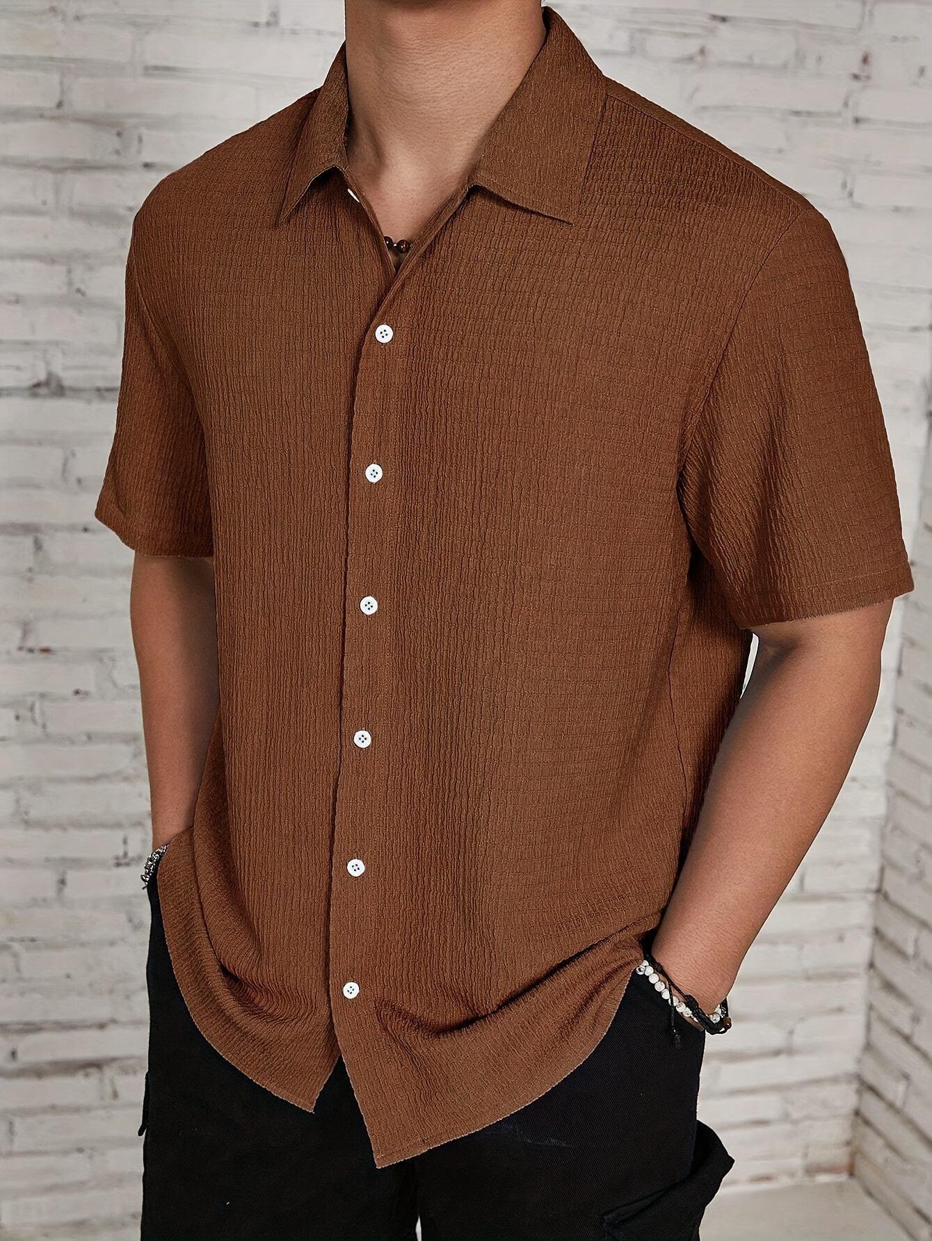 Men's Textured Button Front Shirt, Casual Regular Fit Short Sleeve Collared Top for Summer, Summer Leisure Top 2026, National Day Clothing, Men's Clothes for Daily Wear