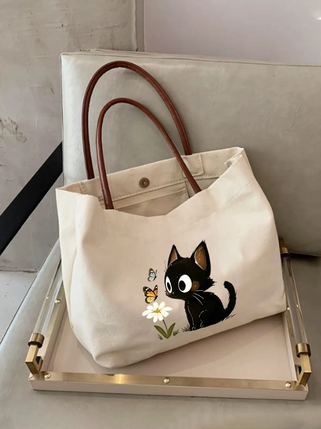 Cute Cat & Daisy Print Canvas Tote Bag, Large Capacity, Durable Leather Handle, Perfect for School, Daily Commute, Beach Trip