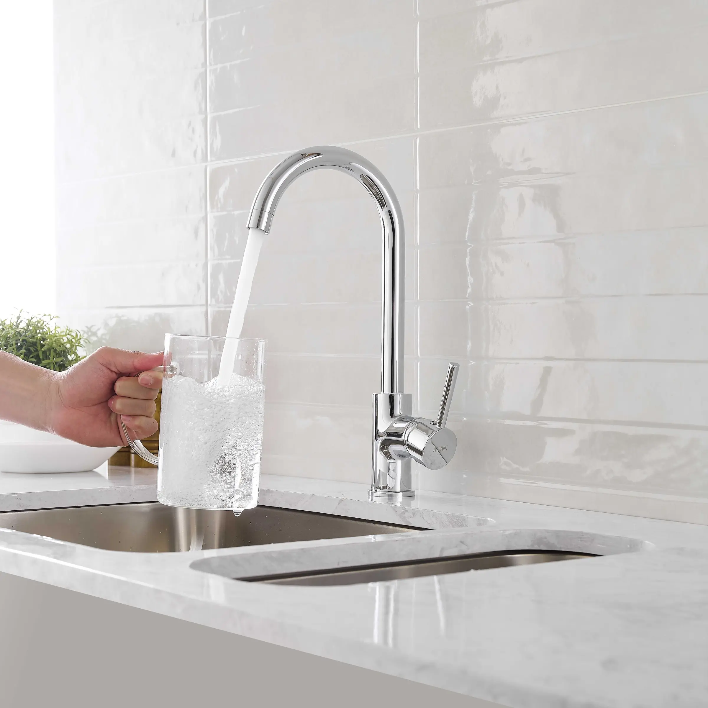 MOMALI High Arc Chrome Kitchen Bar Faucet - Single Handle Deck Mount 360° Swivel Hot Cold Mixer for RV Sink Laundry