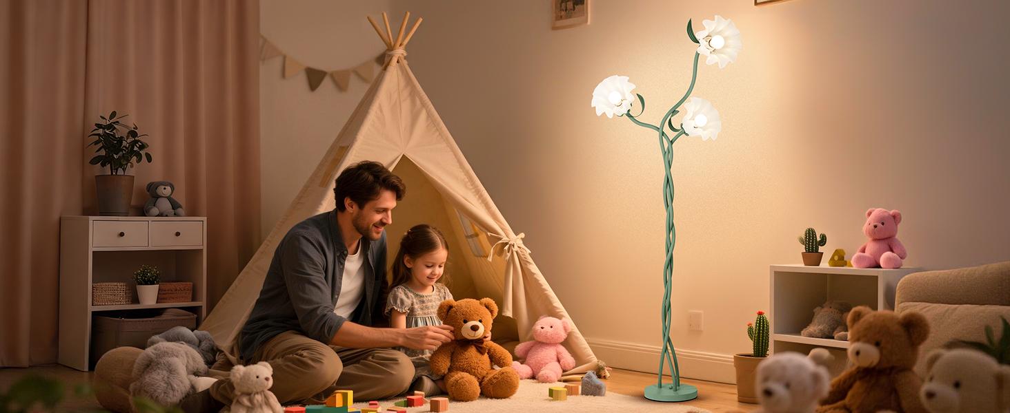 Floor Lamp for Living Room, 3 Lights Green Flower Lamp, Modern Tall Standing Lamp with 3 Color Temperatures Flexible Gooseneck, Mid Century Vintage Tree Floor Lamp for Bedroom Office