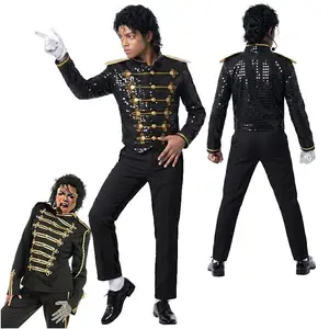 2026 New Arrival Boys 70s 80s Pop Stage Super Star Singer Halloween Cosplay Michael Jackson Black Military Jacket For Kids