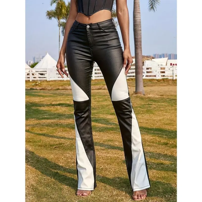 Women's High-Waisted PU Leather Flare Pants - Stylish Black & White Geometric Pattern