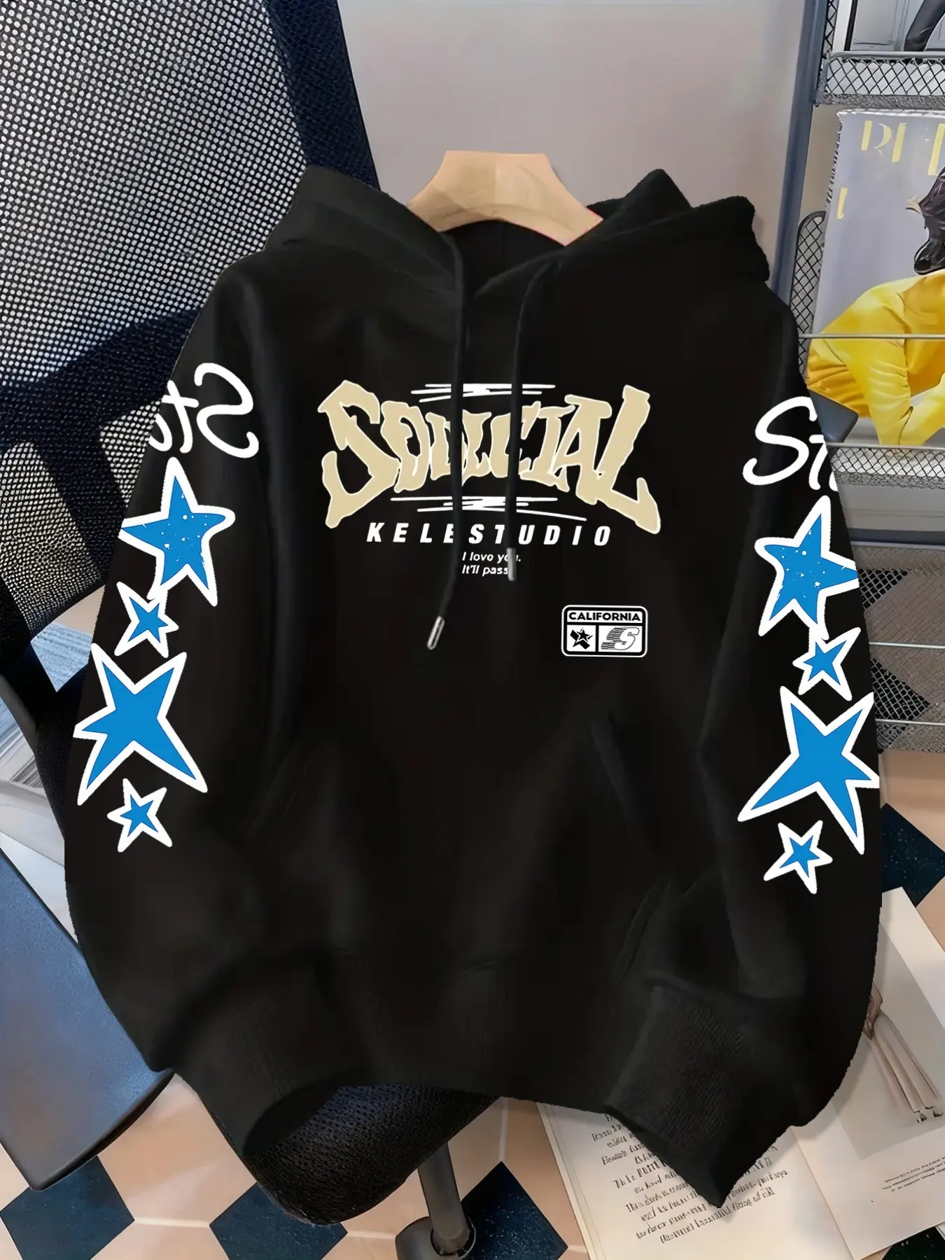 Autumn Winter Fleece Hoodie for Youth, American Vintage Star Streetwear Street Style, Casual Long Sleeve Loose Fit Baggy, Soft Trendy Letter Print Sweatshirt, Casual Pullover Hoodies
