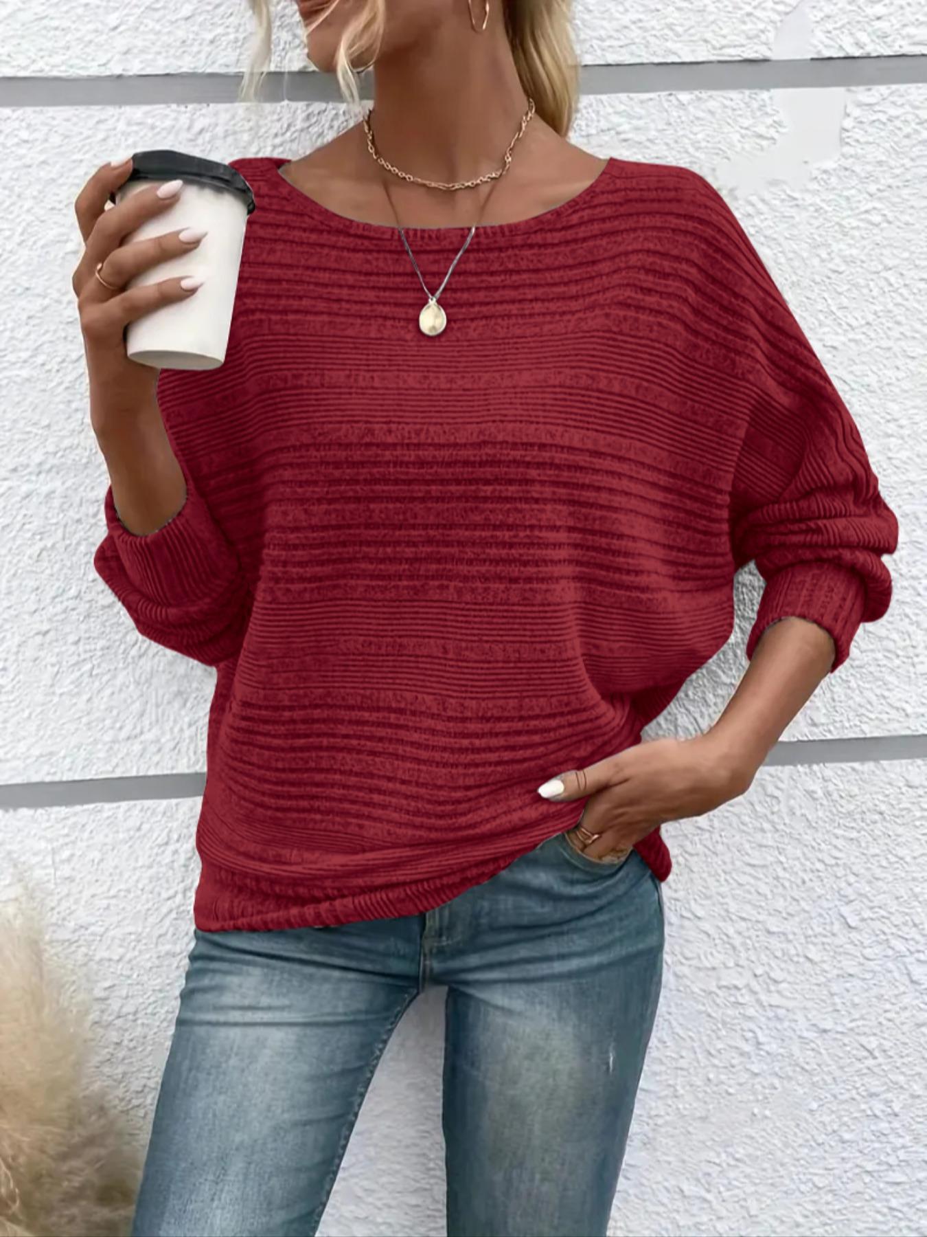 Women's Plain Batwing-Sleeve Tee, Casual Long-Sleeve Crew Neck T-Shirt for Fall & Winter, Fashion Ladies' Clothing for Daily Wear