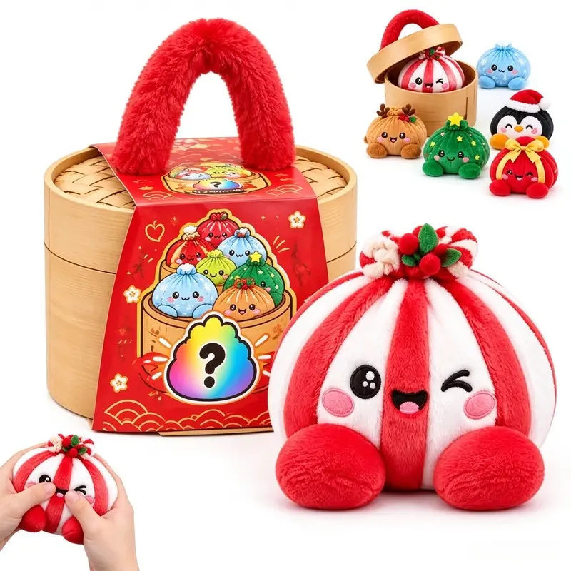 Plush Stuffed Steamed Bun Pillow Christmas Squishies Dumpling Plush Sensory Stress Relief Christmas Decorations Novelty Gifts Soft Cuddly Gift