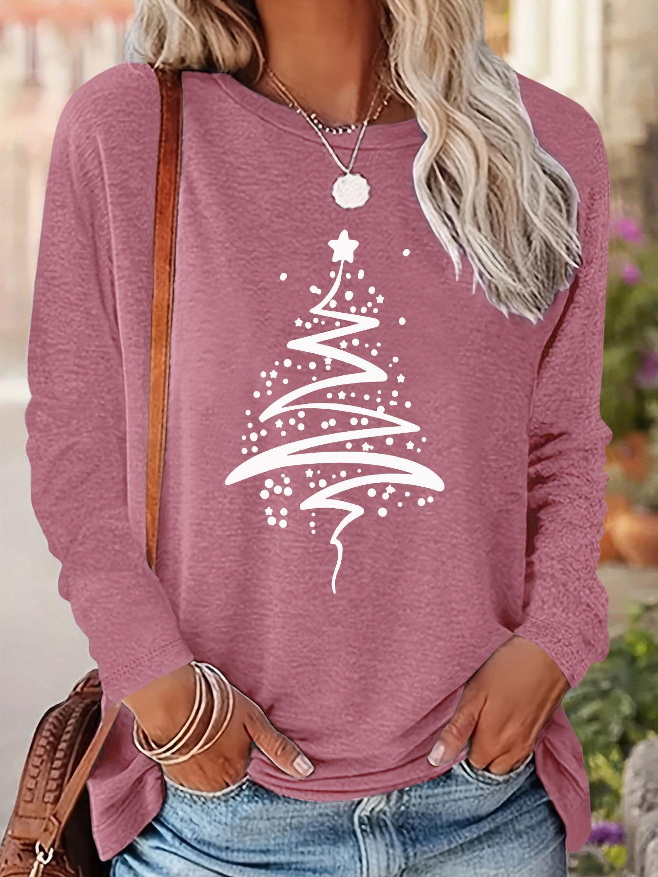 Women's Christmas Tree Print Drop Shoulder Fitted T-shirt, Casual Long Sleeve Round Neck Pullover for Fall & Winter, Ladies Clothes for Daily Wear