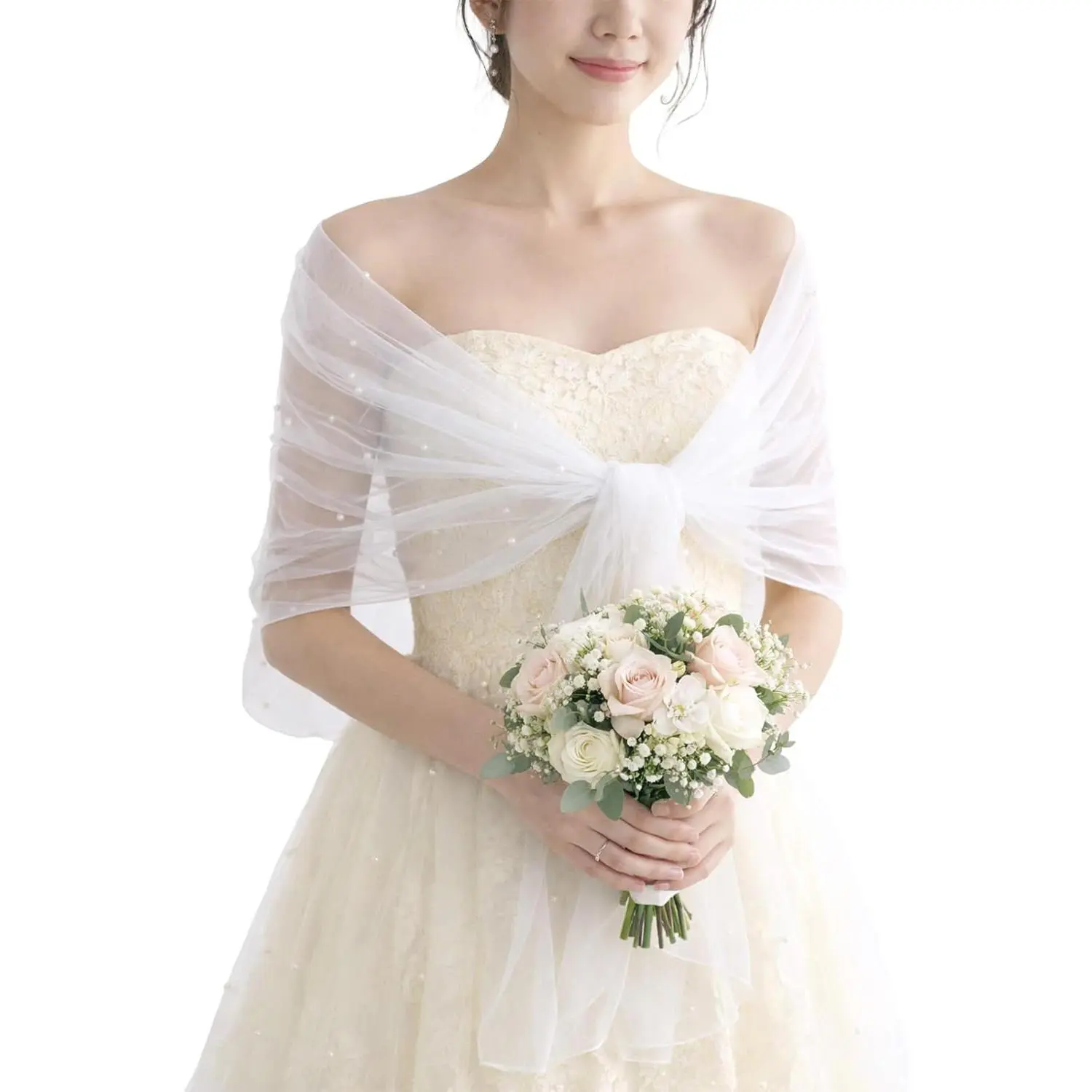 Women's Pearl-Embellished Bridal Shawl - Lightweight Sleeveless Sheer Tulle Cape Wrap, Essential Fit for Bride's Evening Dress Wedding Party, Comfortable, Elegance, Accessory, Nylon, Breathable, Formal, Sheer Wrap, Pearl Dots, Top, Ethereal Aesthetic
