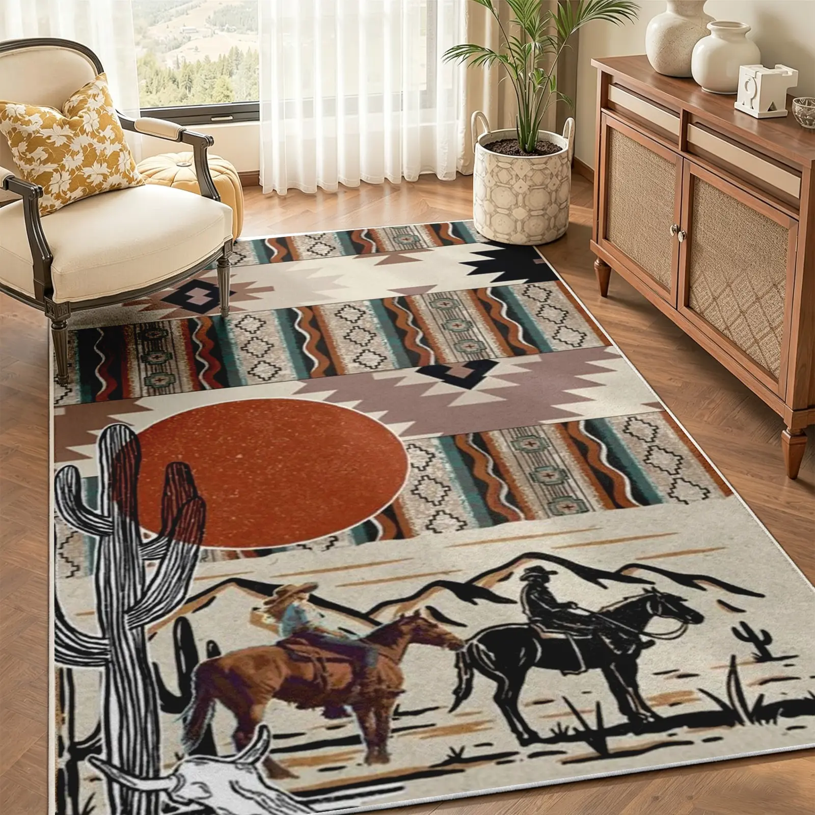 Traditional Faux Wool Southwestern Desert Area Rug - Cowboy Scene Sun Motif, Soft Non-Slip Stain-Resistant Low Pile, Machine Washable Indoor Floor Covering, Decor for Living Room Bedroom (Various Sizes)