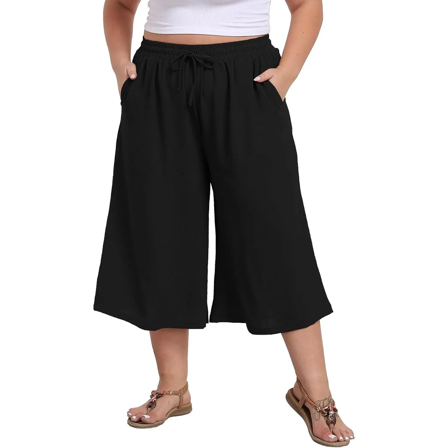 Women's Plus Size Wide Leg Capri Pants Loose Lounge Cropped Culottes Summer Casual Palazzo Pants with PocketsGift