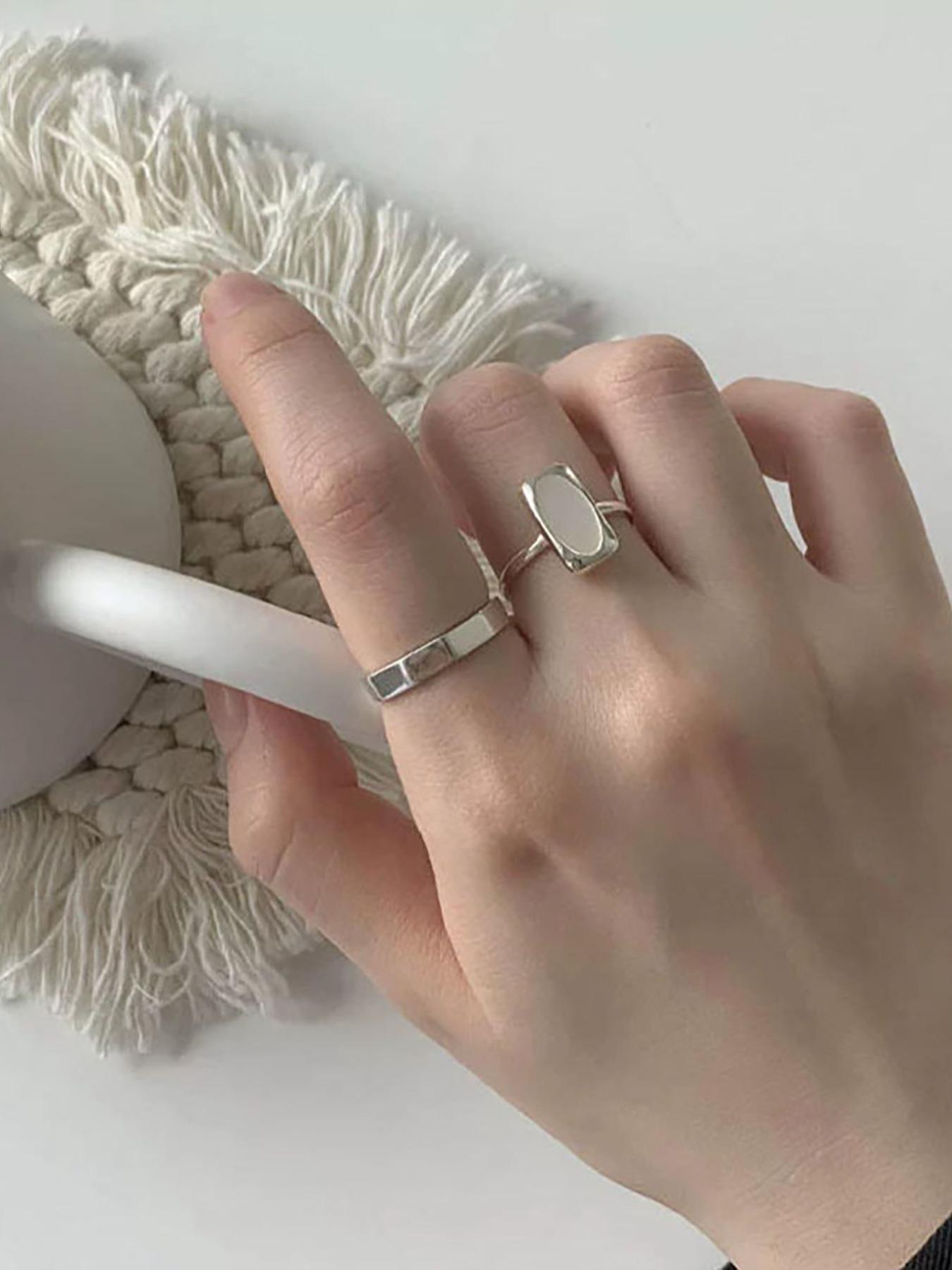 S925 Sterling Silver Simple Elegant Fashion Geometric Square White Shell Ring, Open Adjustable Finger Ring for Women, Retro Party Dating Gift