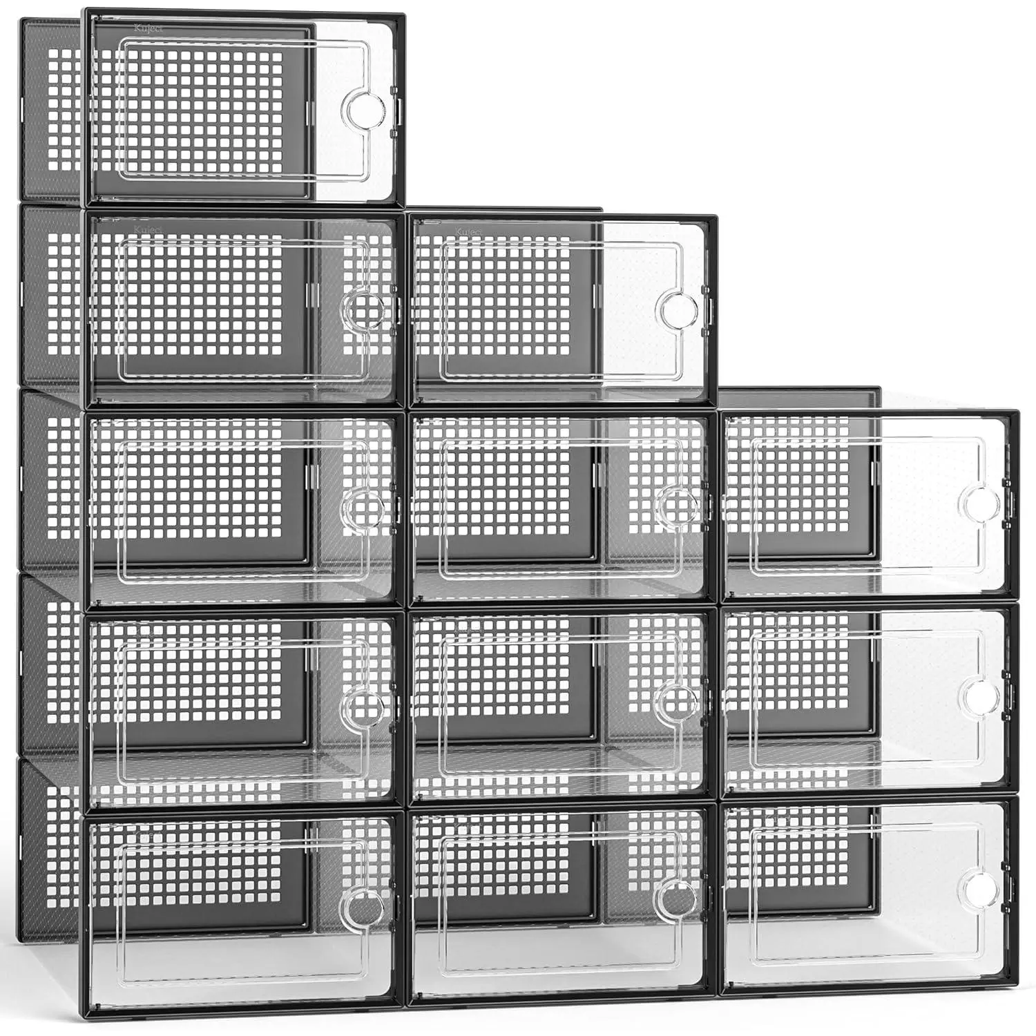 Large shoe cabinet storage box, set of 12 transparent plastic stackable storage boxes with lids, suitable for under-bed shoe storage at the entrance, front cover can be opened, can accommodate women's size 10 shoes, black