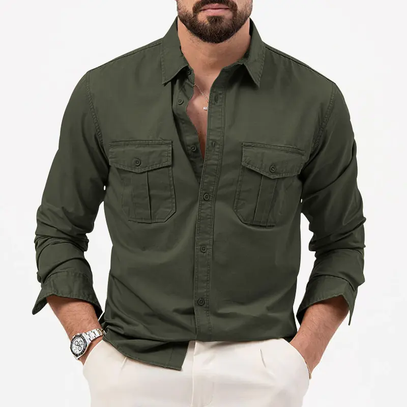 Men's Plain Long-Sleeve Polyester Button-Front Lapel Collar Open-Front Multi-Pocket Menswear Shirt - Machine Washable Casual Daily Outdoor Top
