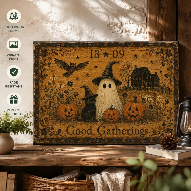 Vintage Framed Print - Cute Ghost Pumpkins Rustic Art, Wood-Frame Halloween Wall Art for Fall Farmhouse Home Decor