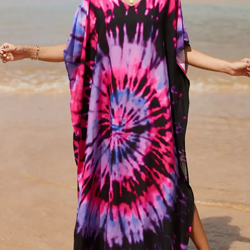 Cross-Border Tie Dye Beach Cover-Up Dress, Boho Style Split Thigh Design, Loose-Fitting Half Sleeve Bikini Top, Batch Number 20260518