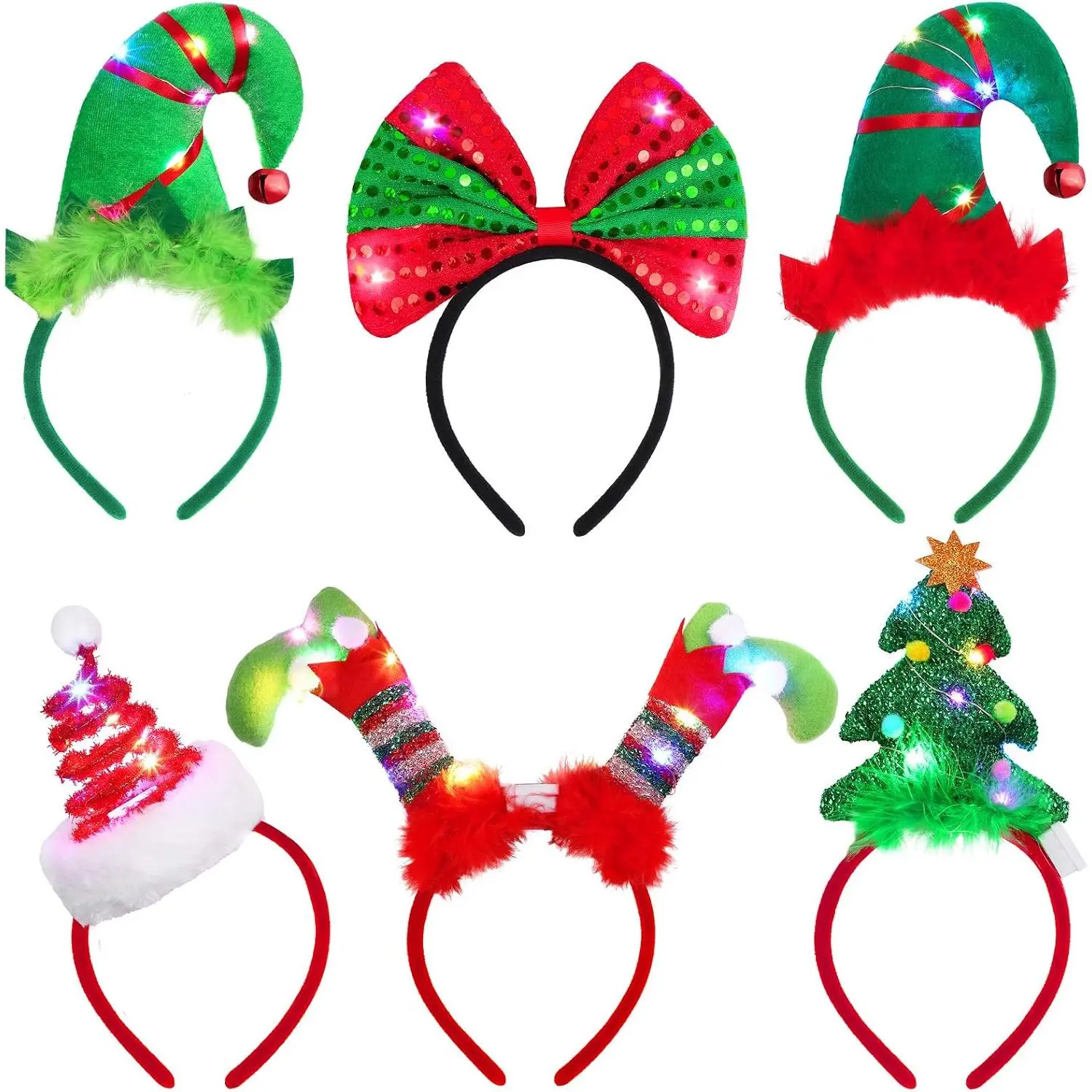 6 Pack Christmas LED Headbands Holiday Light Up Costume Headband Reindeer Christmas Bow  Costumes Hair Bands for Christmas Party Costumes Favor