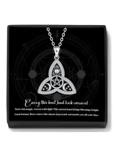 Triquetra Moon Star Witch’s Knot Pendant Necklace With Blessed Message Card, Shiny CZ Pentacle Wiccan Goddess Protection Jewelry Birthday Gift for Her Wife Girlfriend