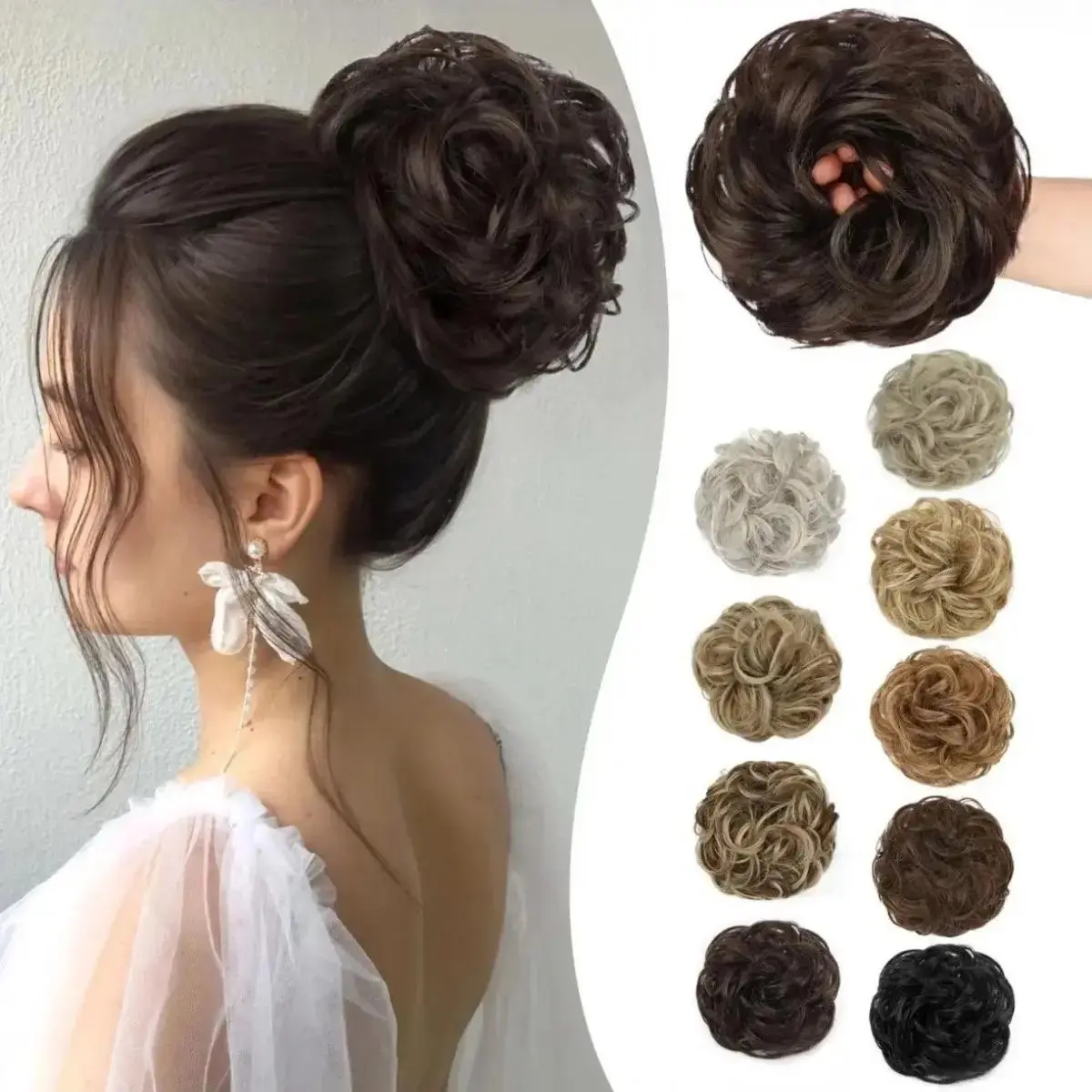 Women’s Stylish Messy Bun Hairpiece, Iridescent Wavy Synthetic Fiber Elastic Scrunchie, Voluminous Baroque Curled Updo Extension for Quick Elegant Hairstyle