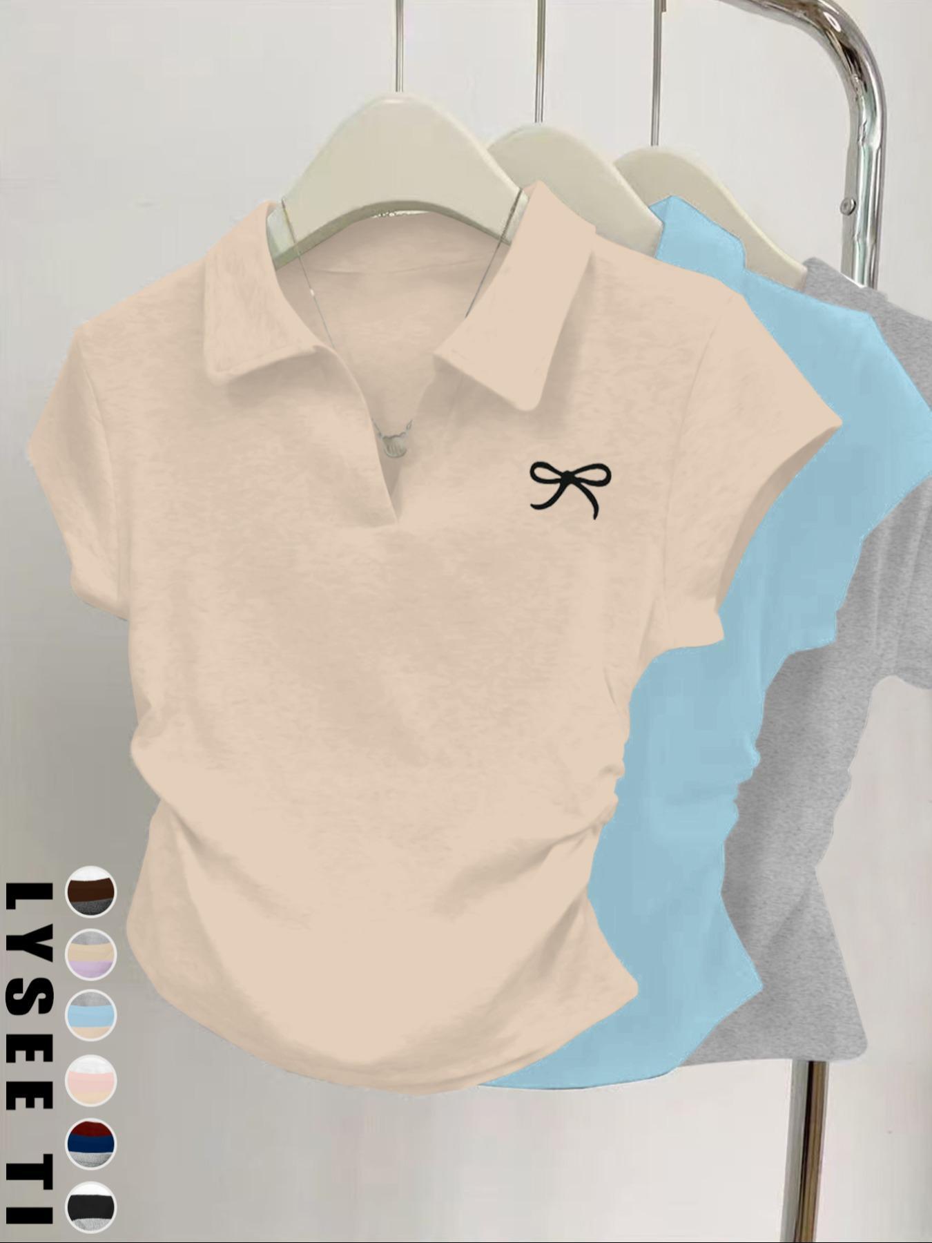 3pcs women's casual fashion butterfly pattern details simple solid color pleated polo collar pullover shirt women's short sleeved three piece T-shirt Polo Shirt Set